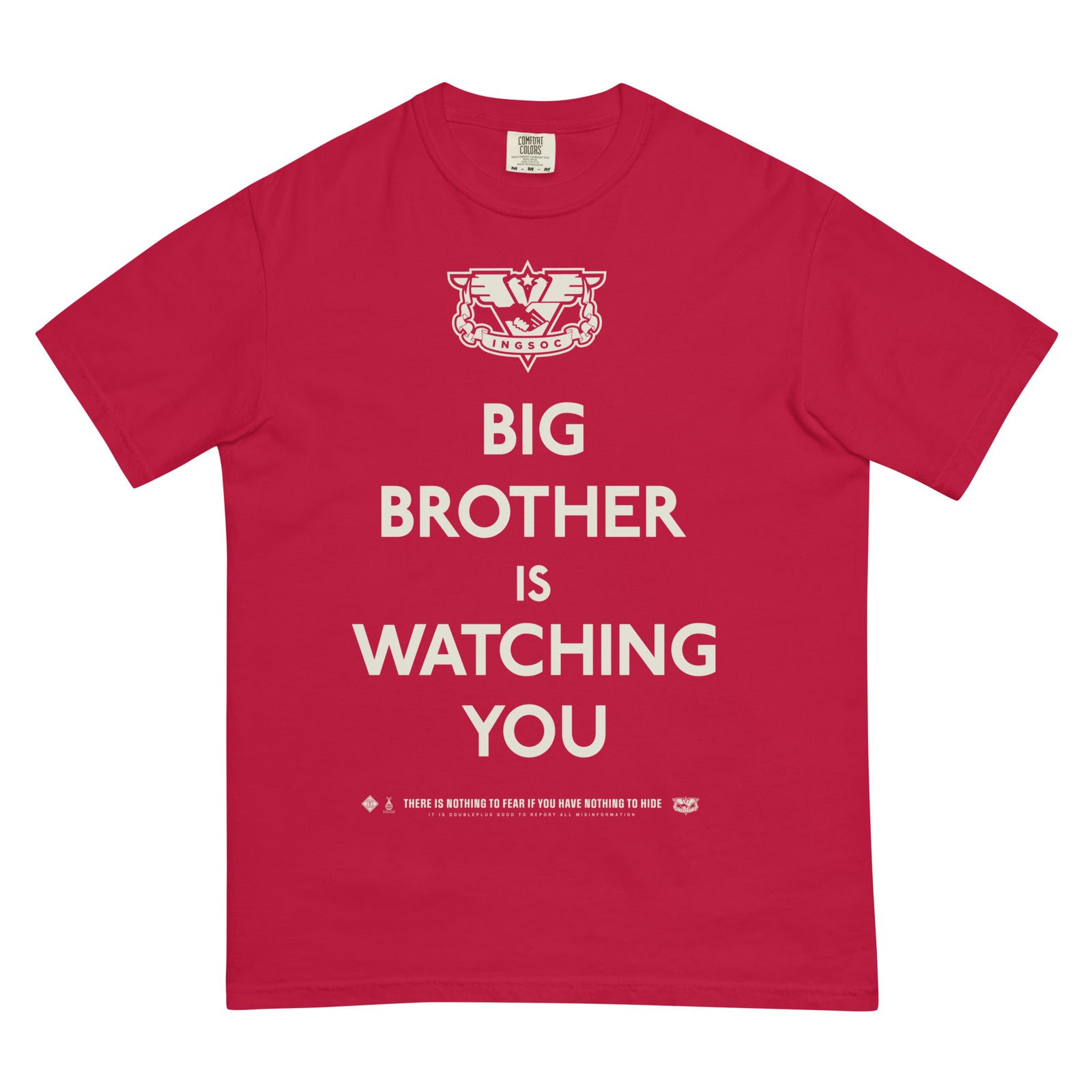 Red t-shirt with 'Big Brother is Watching You' text and logo on a white background