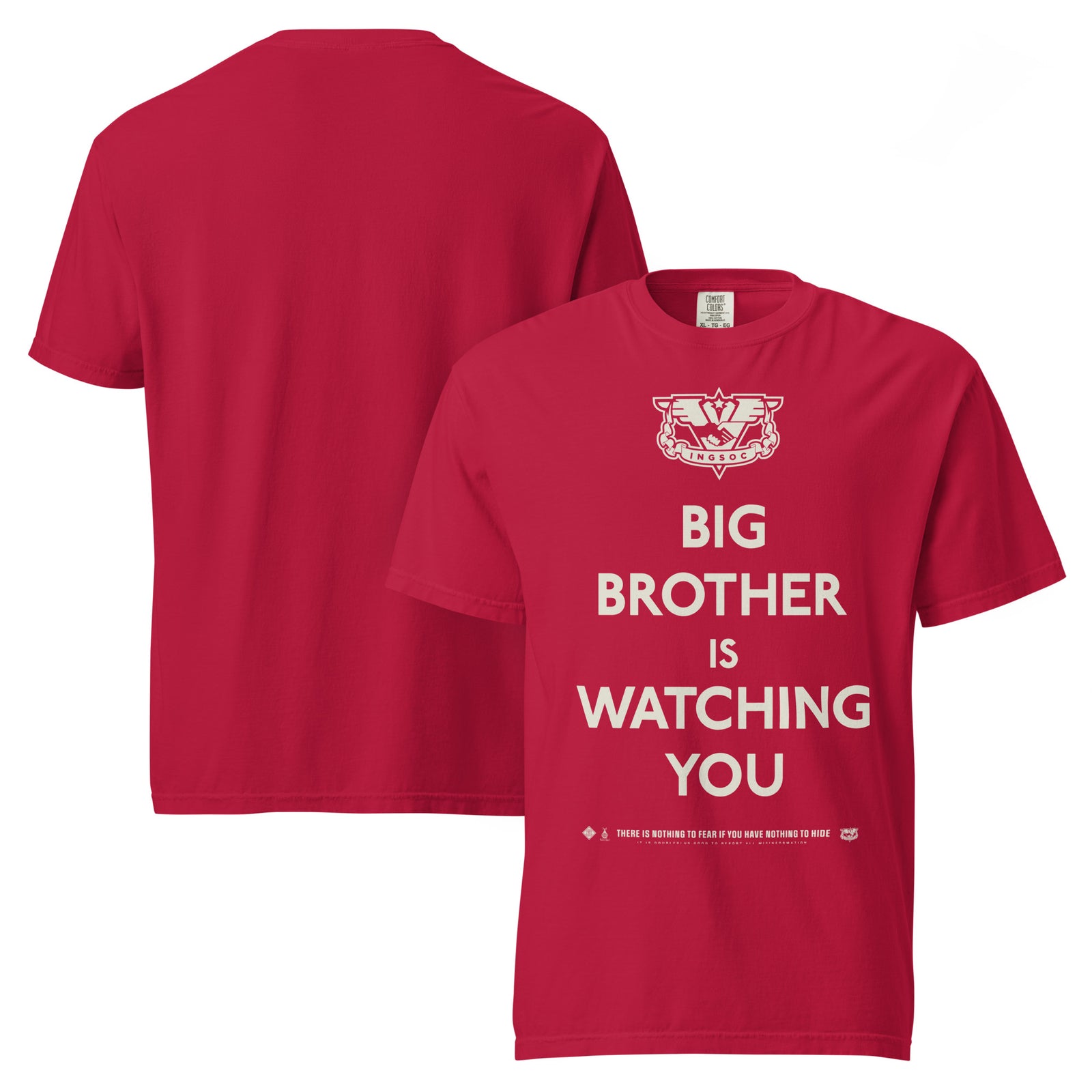 Red t-shirt with 'Big Brother is Watching You' text and logo on a white background