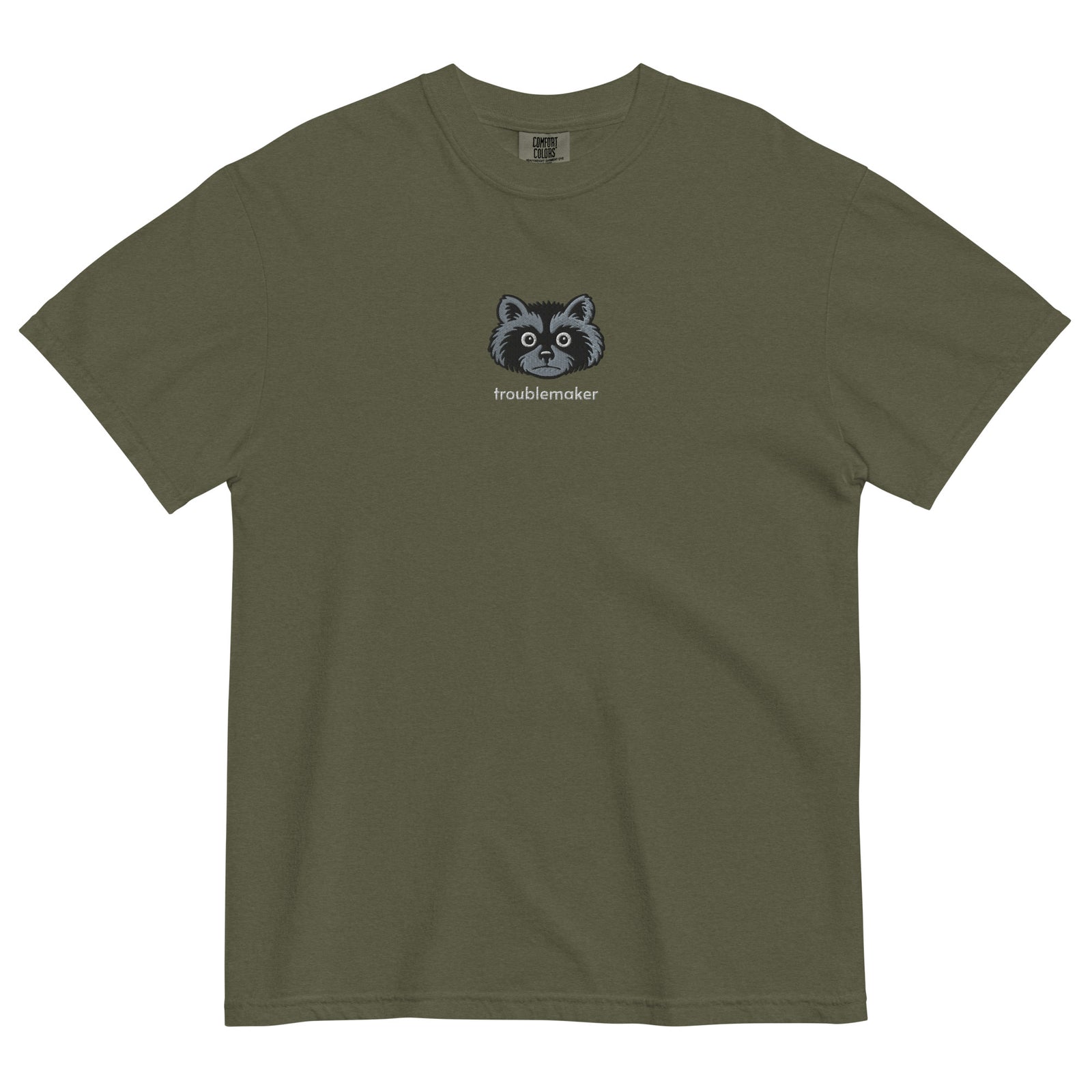 Troublemaker Raccoon Heavyweight Embroidered Tee by Liberty Maniacs in hemp green