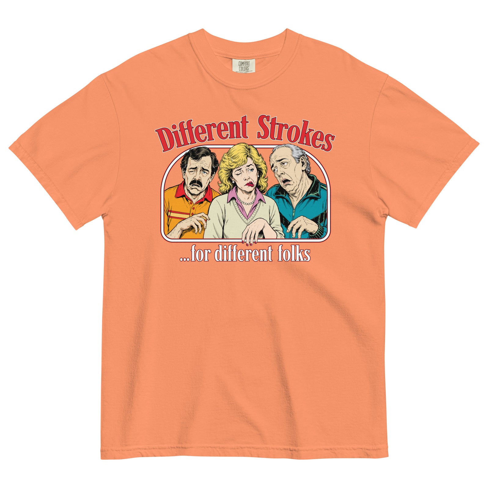 Different Strokes for Different Folks heavyweight T-shirt in terracotta with three-person retro graphic, front view