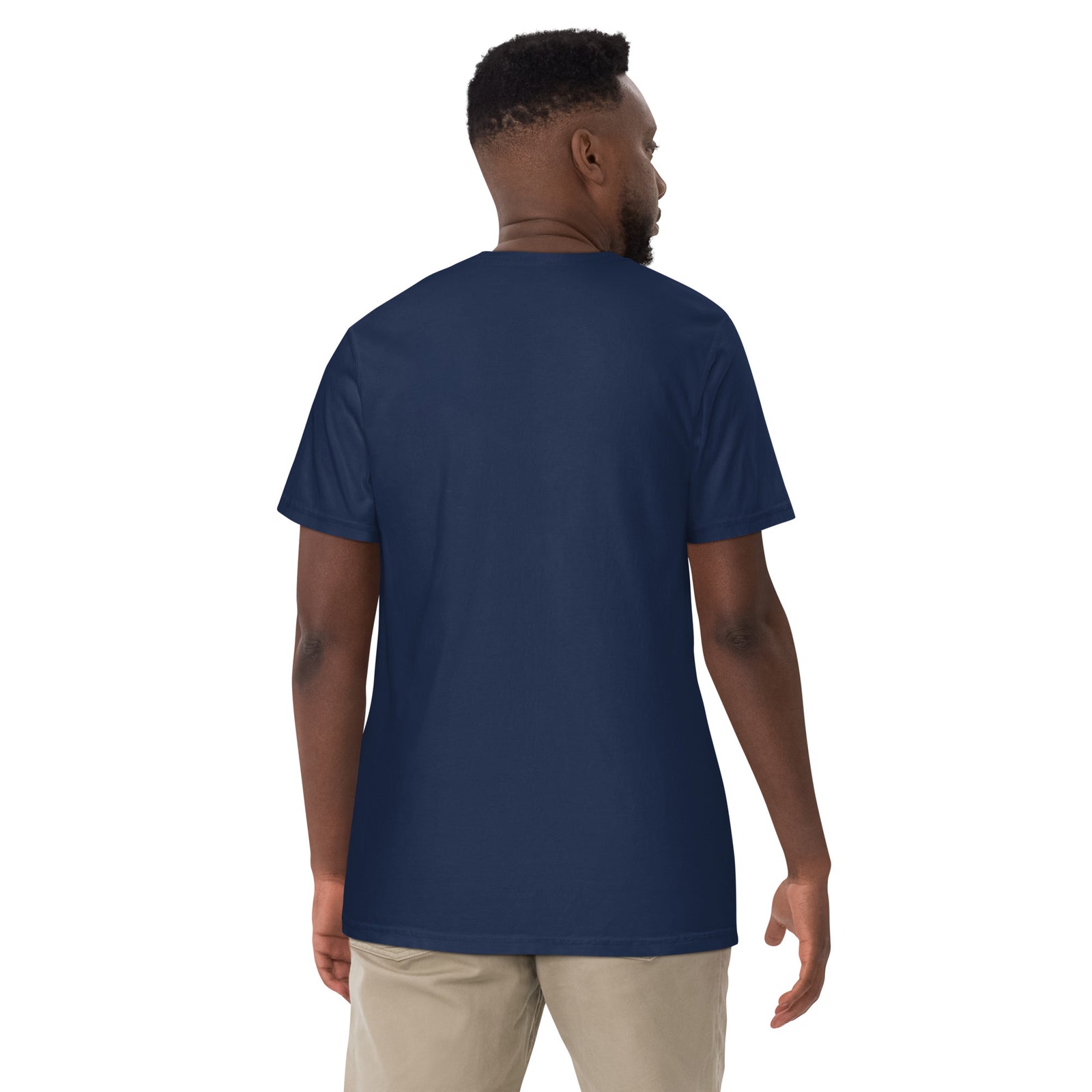 Man wearing a navy blue t-shirt on a white background