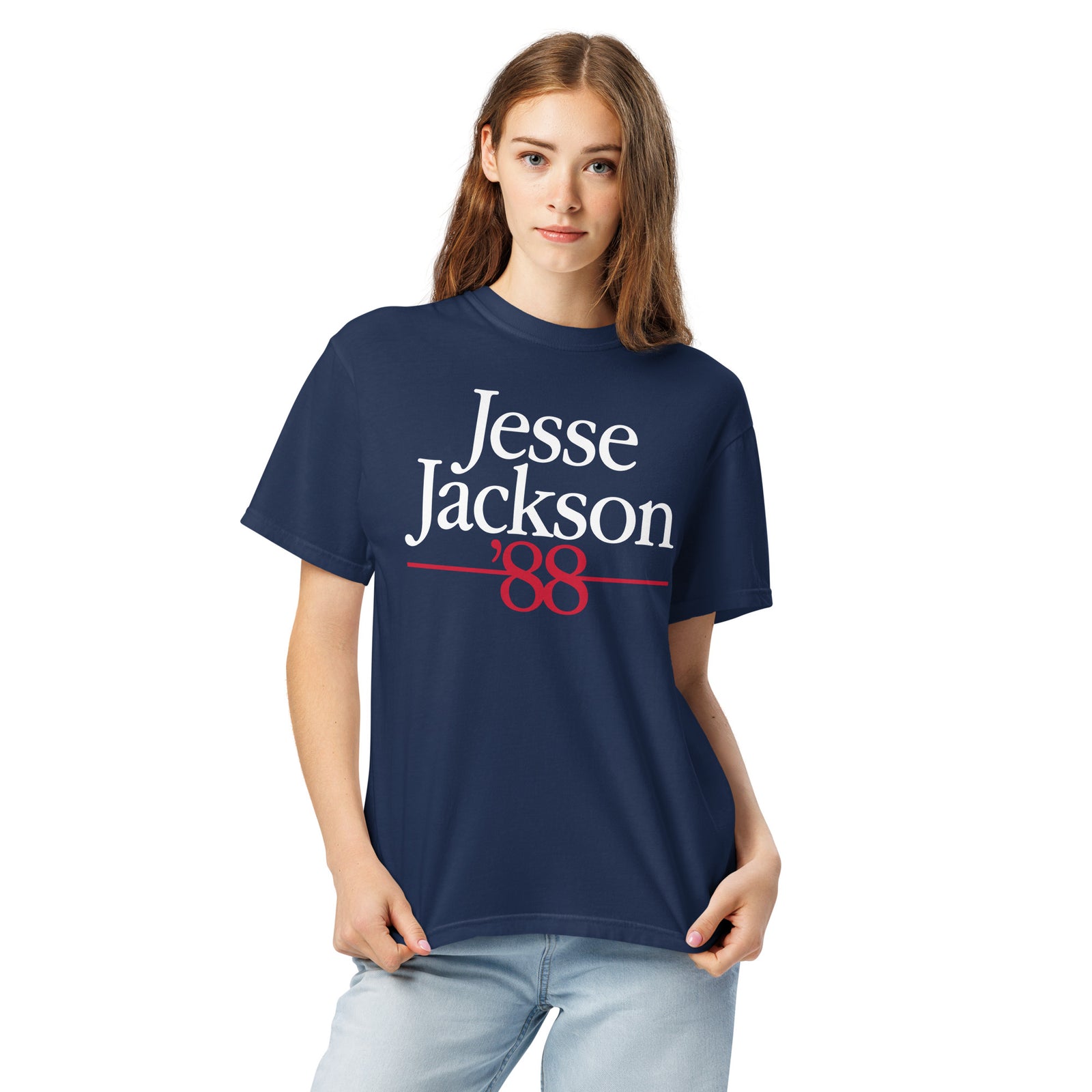 Person wearing a navy blue t-shirt with 'Jesse Jackson 88' printed on it.