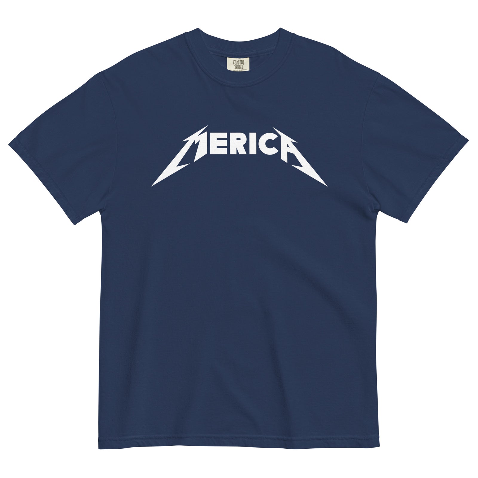 Navy blue t-shirt with 'MERICA' graphic design on a white background