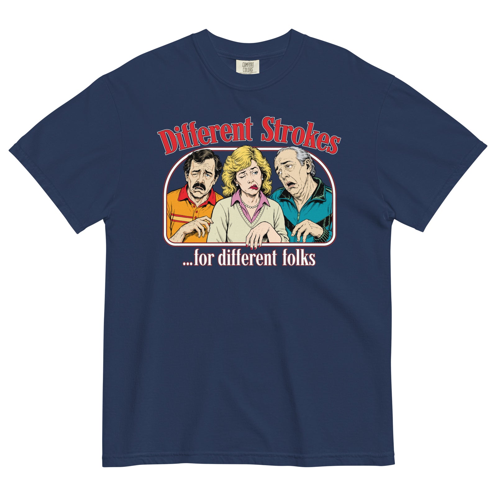 Different Strokes for Different Folks heavyweight T-shirt in true navy with three-person retro graphic, front view