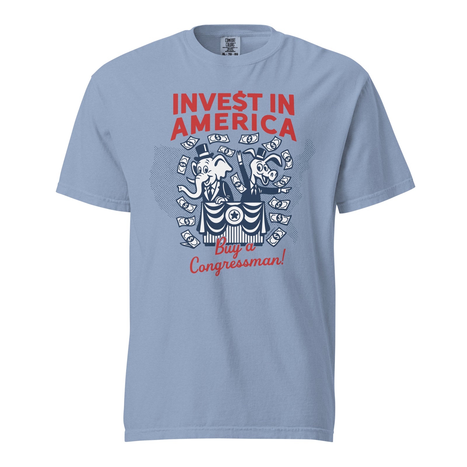 Light blue t-shirt with political graphic and text on a white background