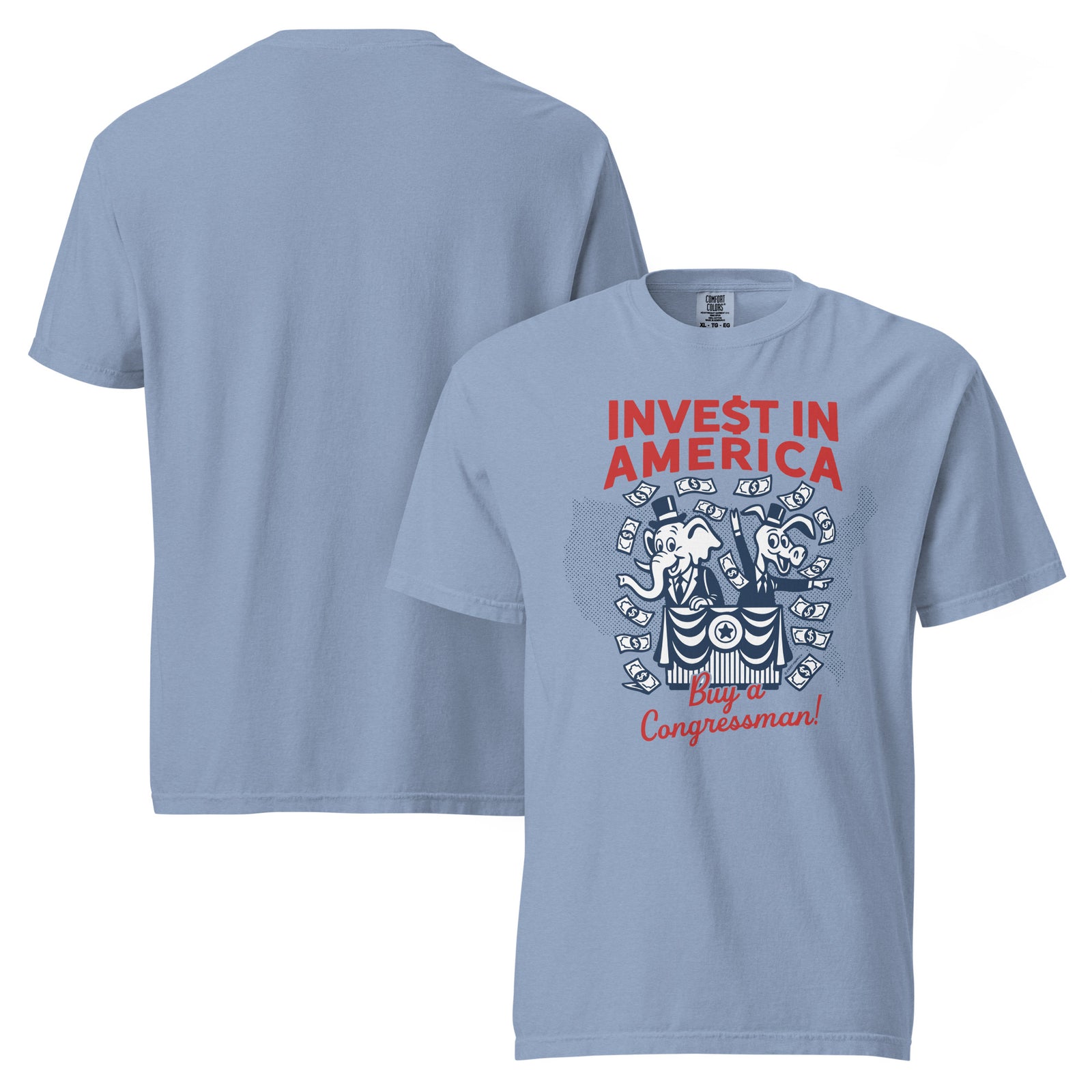 Light blue t-shirt with 'Invest in America' graphic and text on a white background