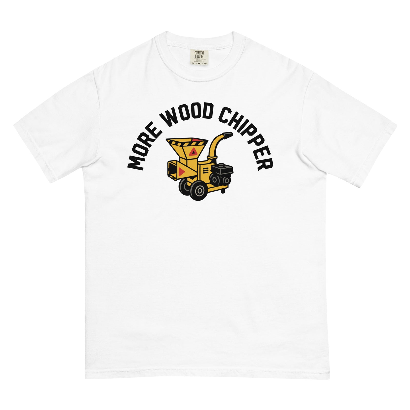 White t-shirt with a wood chipper graphic and 'More Wood Chipper' text on a white background