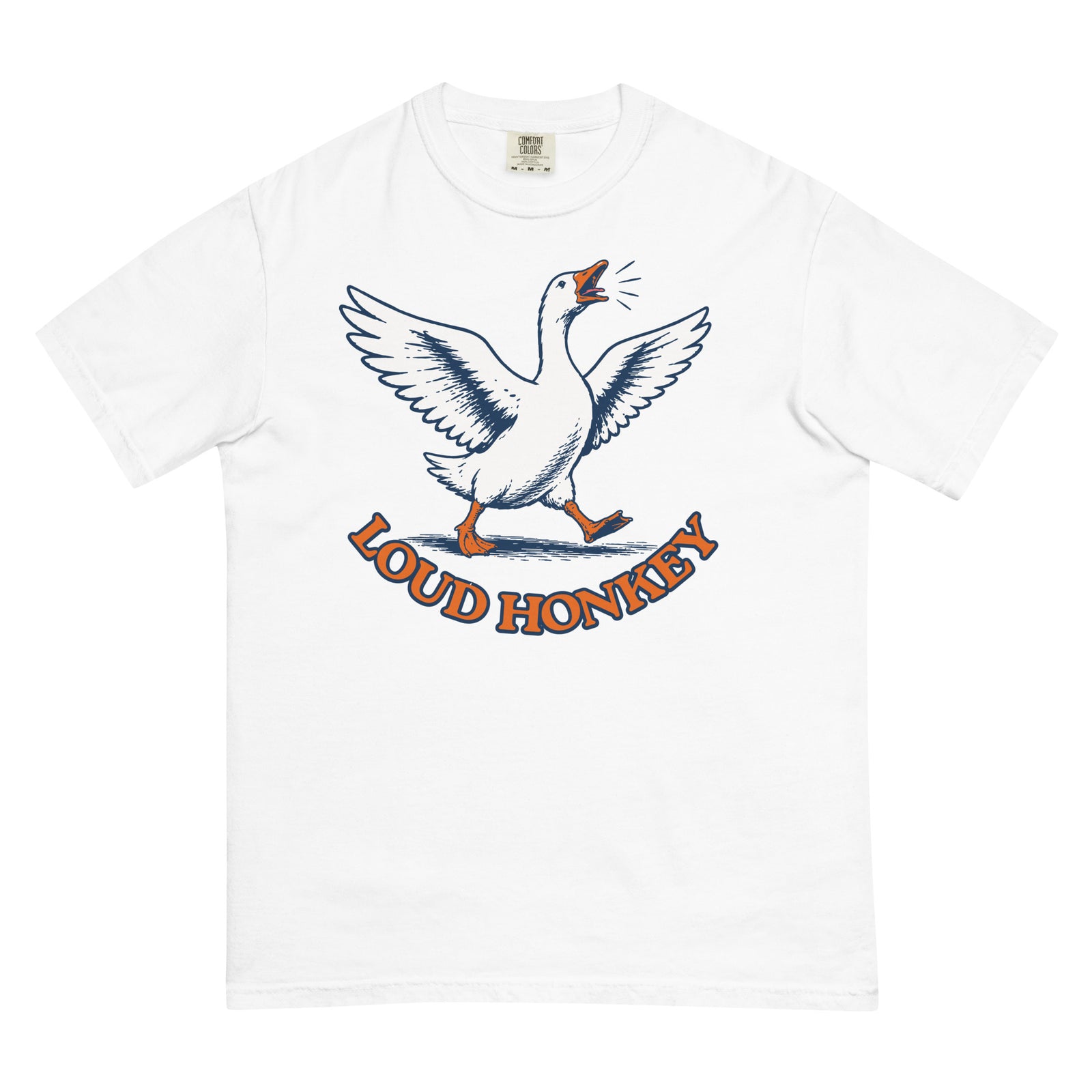 Loud Honkey funny goose graphic t-shirt in White garment-dyed heavyweight cotton, front view