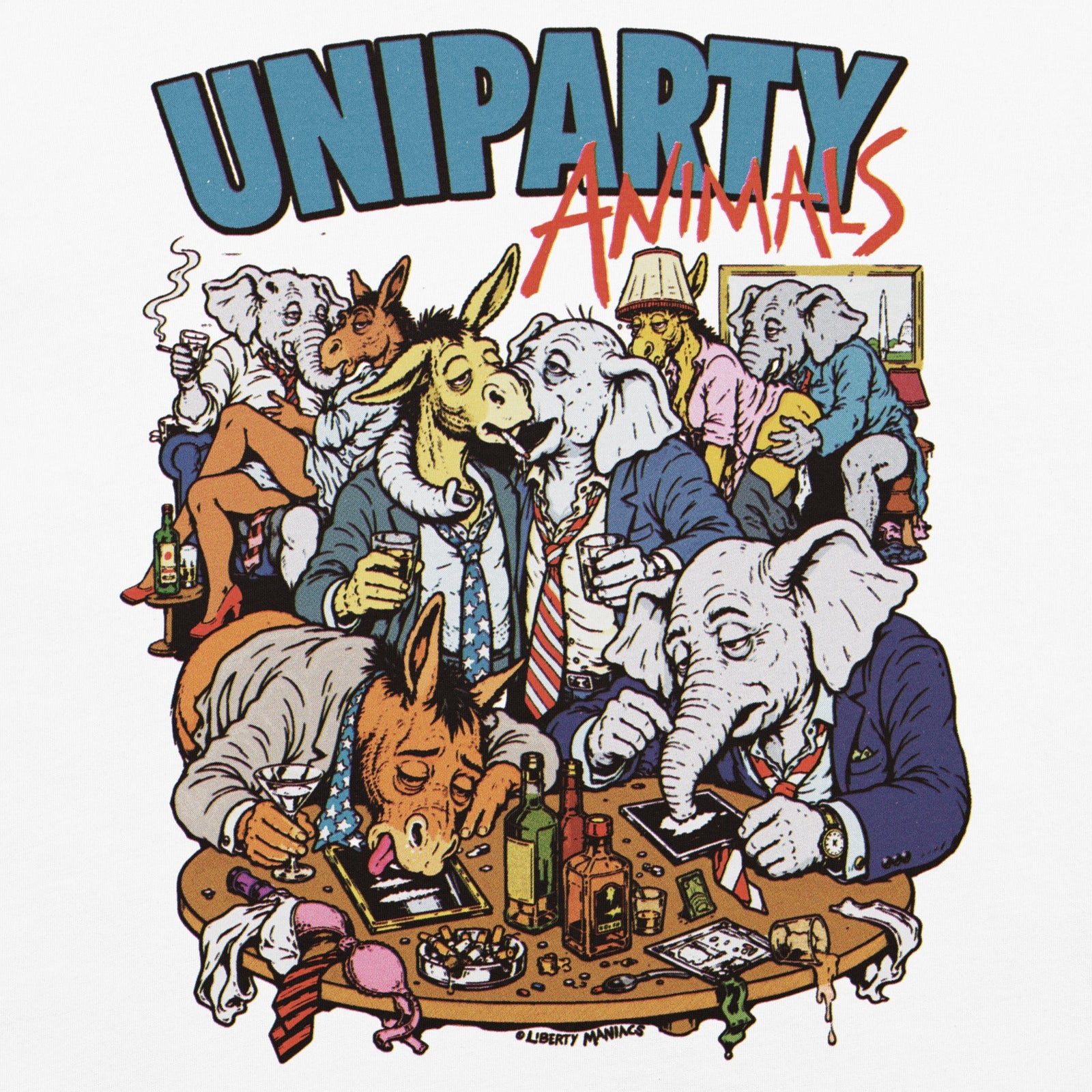 A graphic print featuring the text 'UNIPARTY ANIMALS' above a detailed cartoon illustration of various animals dressed in suits and drinking together, shown on a plain white background.