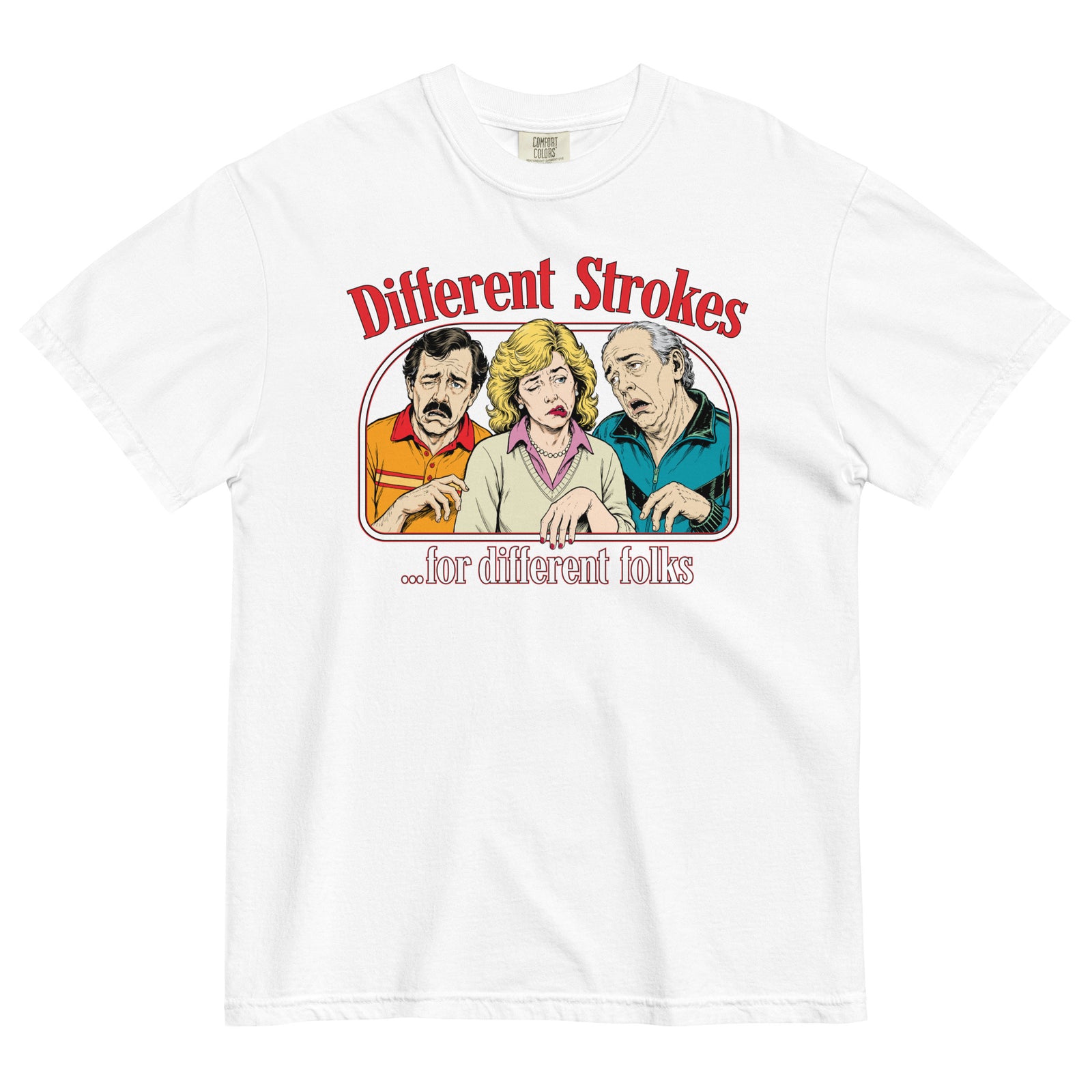 Different Strokes for Different Folks heavyweight T-shirt in white with three-person retro graphic, front view