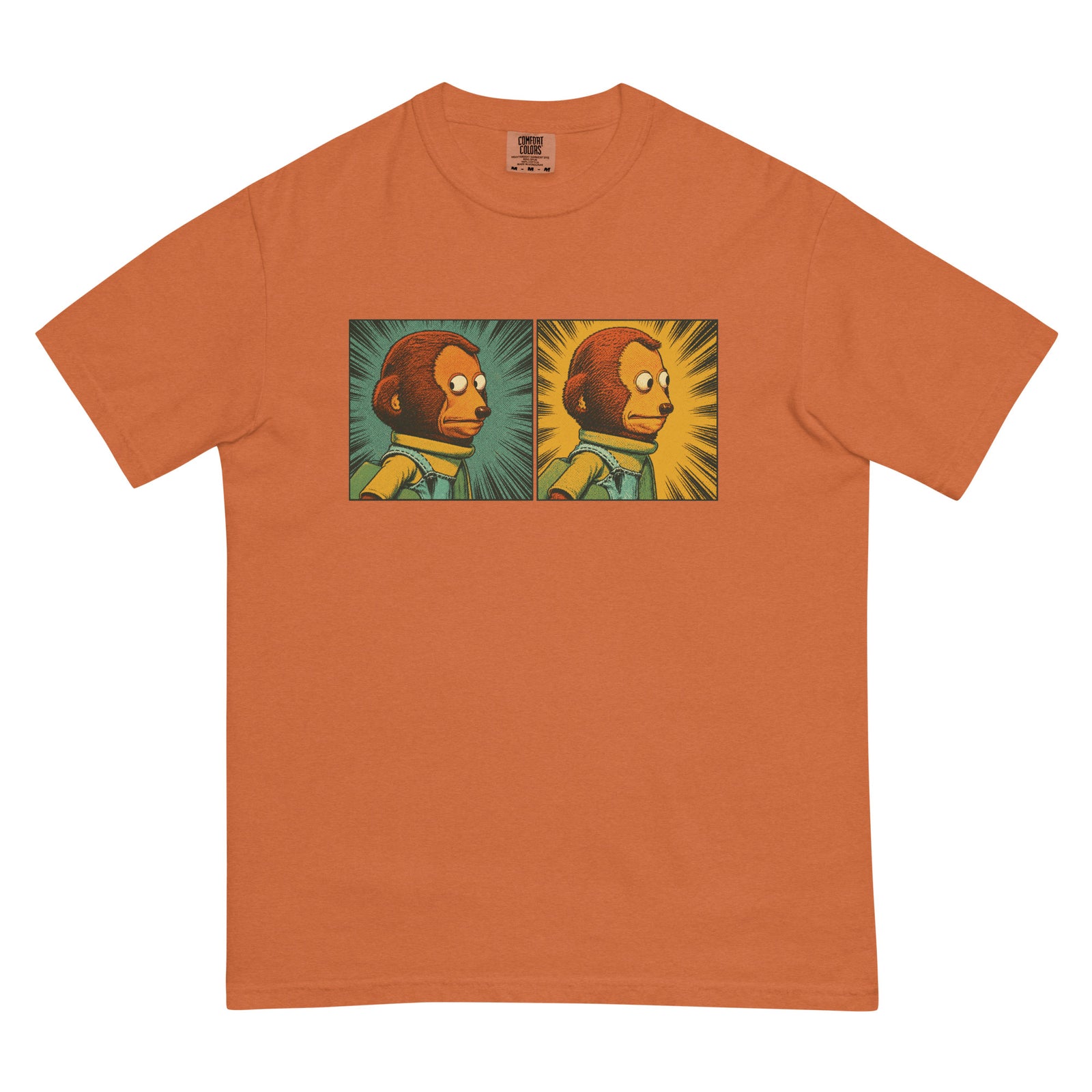 garment-dyed graphic T-shirt featuring a two-panel vintage comic-style monkey making an awkward side-eye expression.