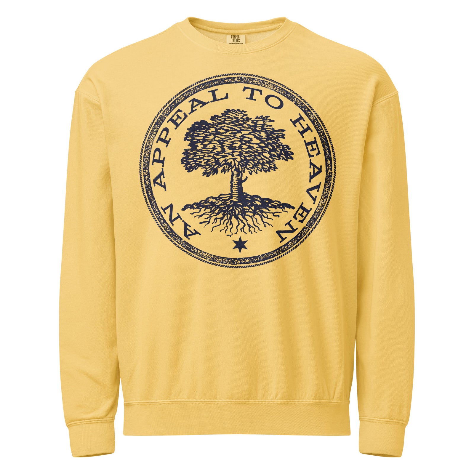 Yellow sweatshirt with a black tree graphic and text on a white background