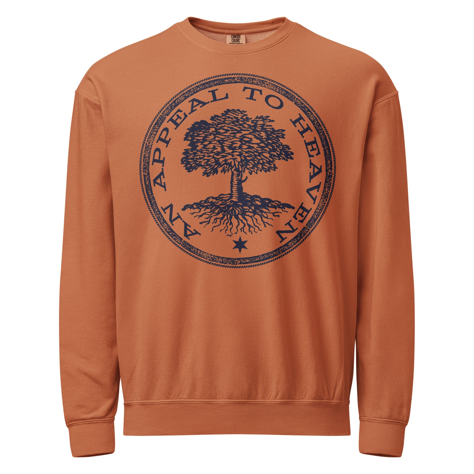 Brown sweatshirt with a tree graphic and text on a white background