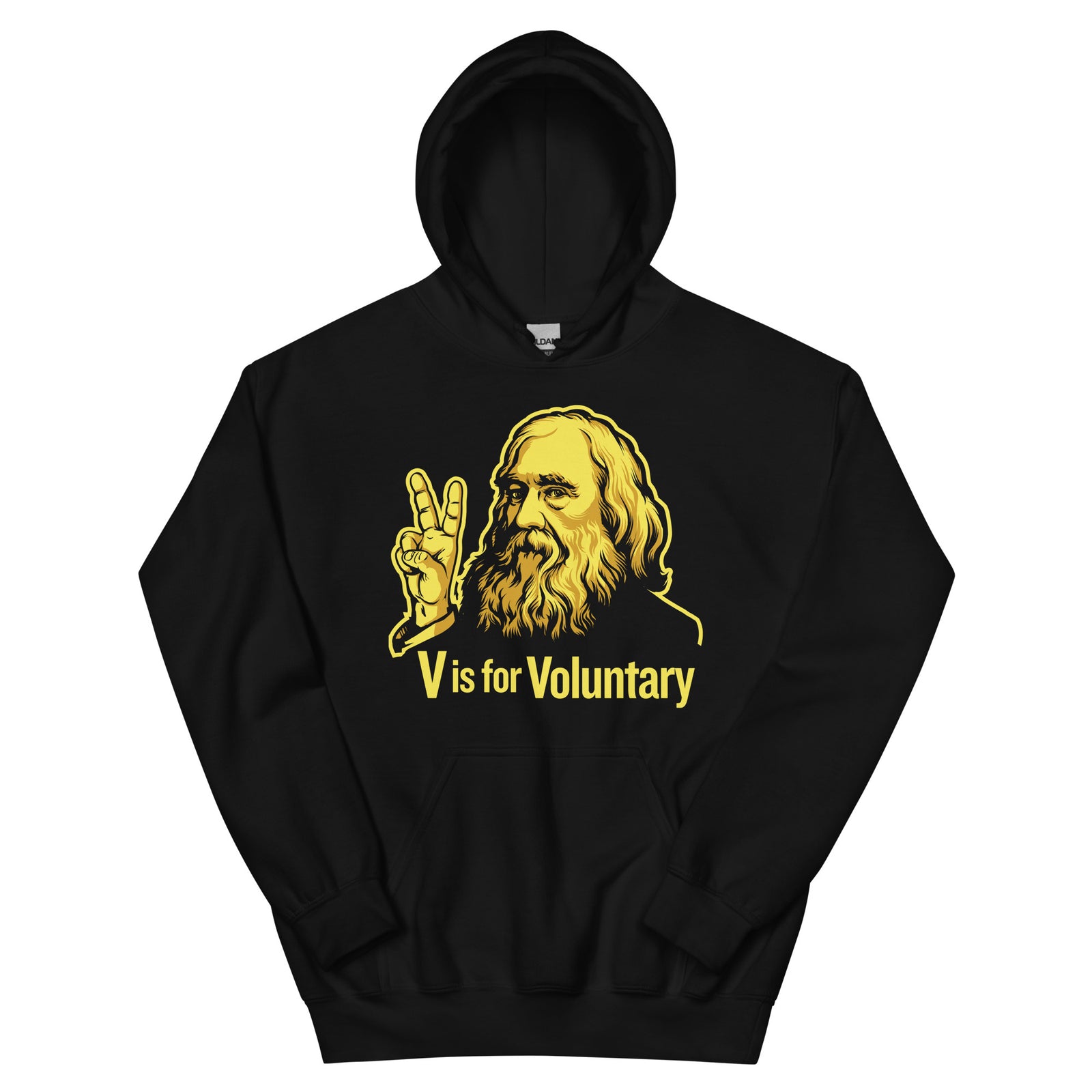 Black hoodie with yellow graphic and text 'V is for Voluntary' on a white background
