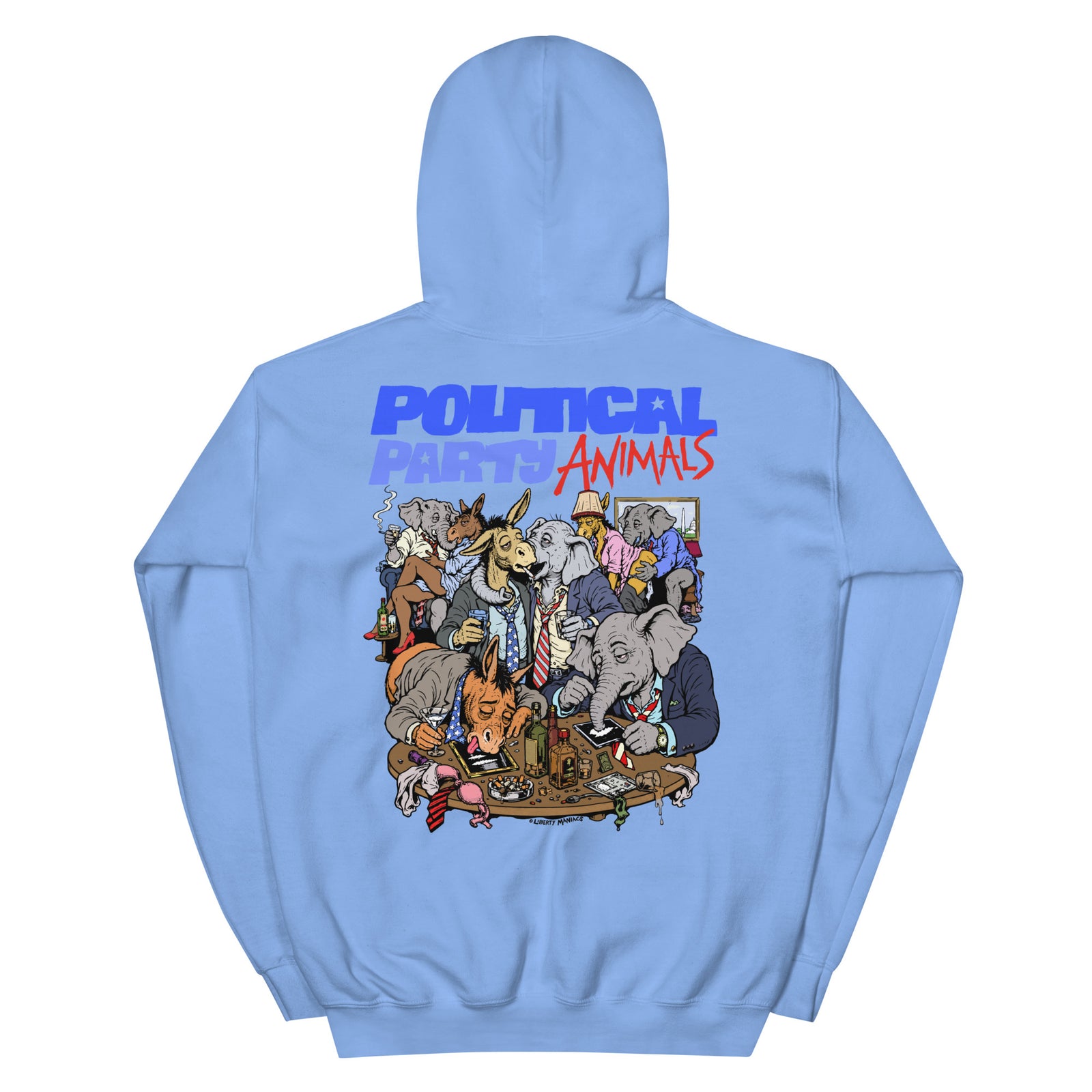 Political Party Animals political satire hoodie in Carolina Blue, back view, by Liberty Maniacs