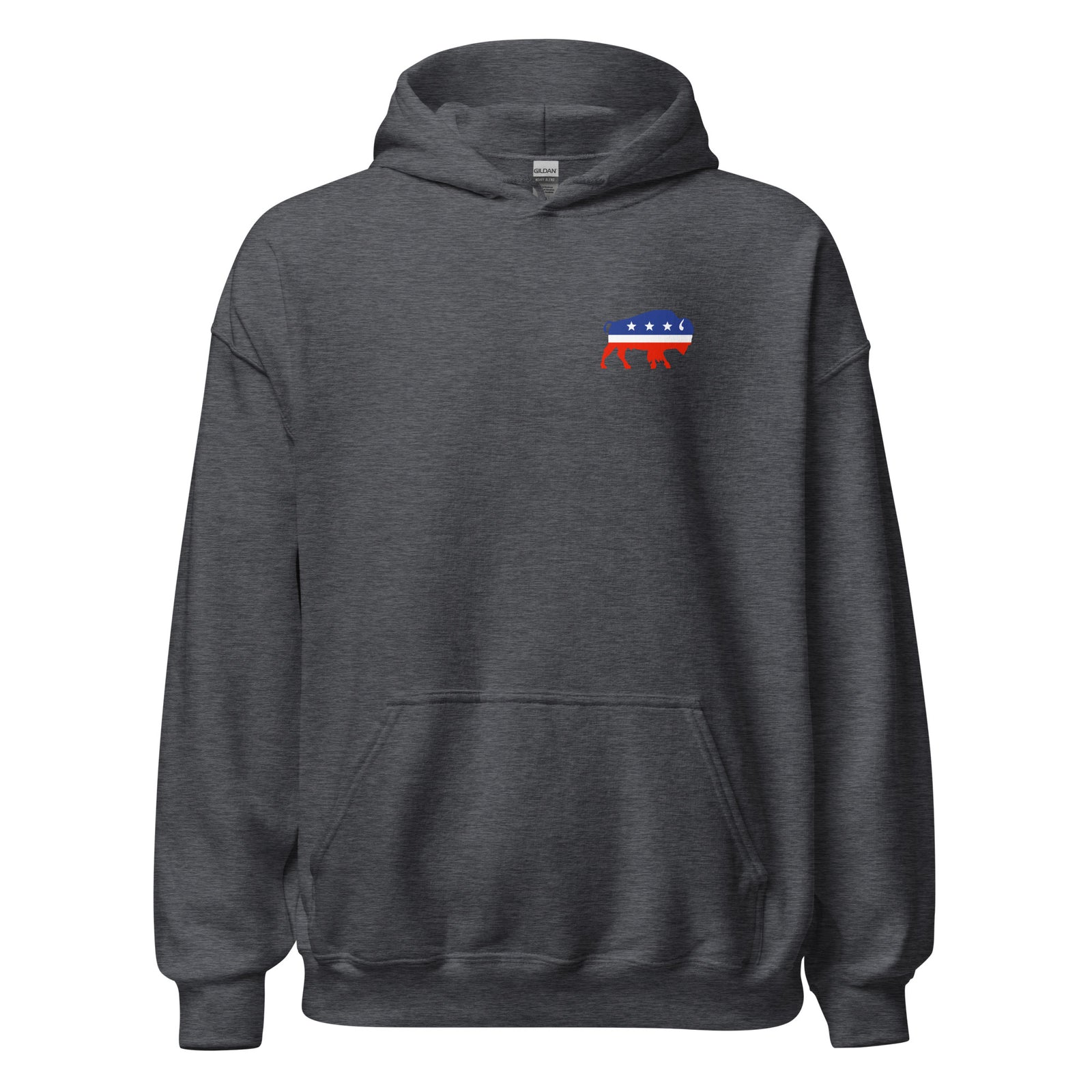 Political Party Animals satirical pullover hoodie in Dark Heather, front view, by Liberty Maniacs