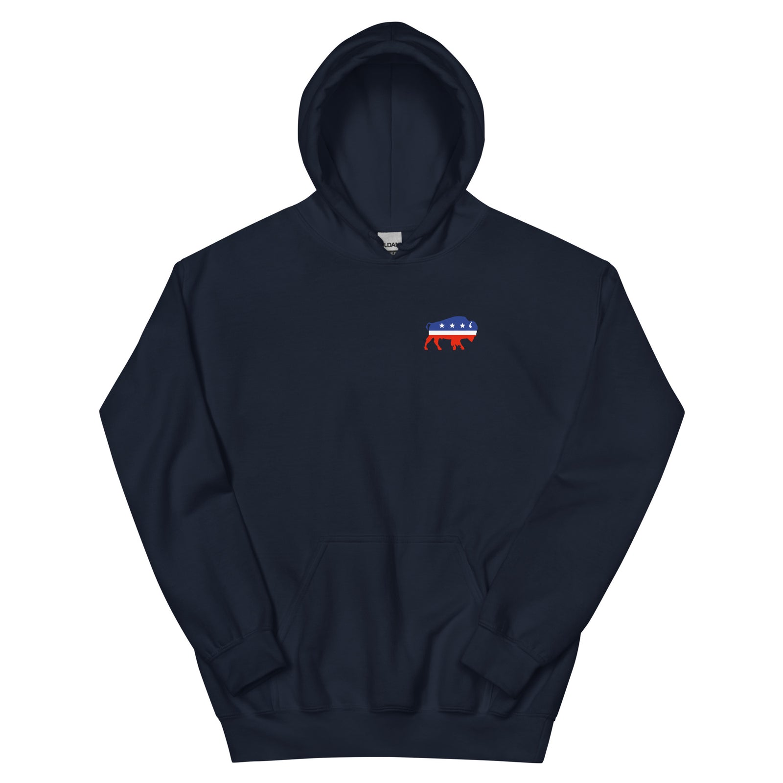 Political Party Animals political satire hoodie in navy, front view, by Liberty Maniacs