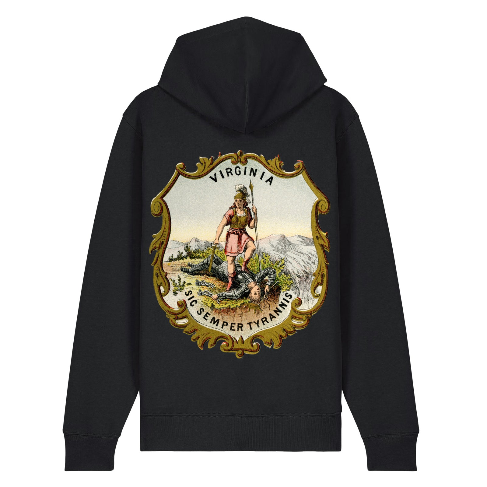 Back view of Black Virginia State Seal heavyweight zip-up hoodie with vintage Virtus artwork, gold border and Sic Semper Tyrannis motto.