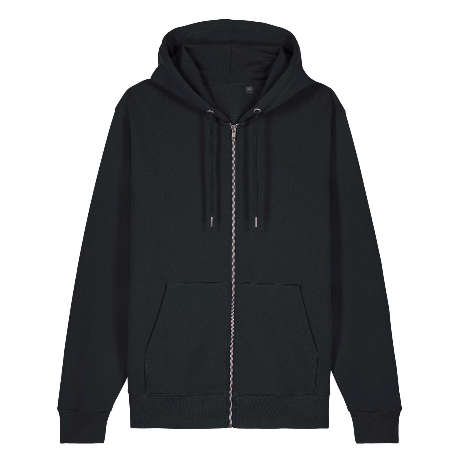 Front view of Black Virginia State Seal heavyweight zip-up hoodie showing the plain front, metal zipper, drawcords and pockets.