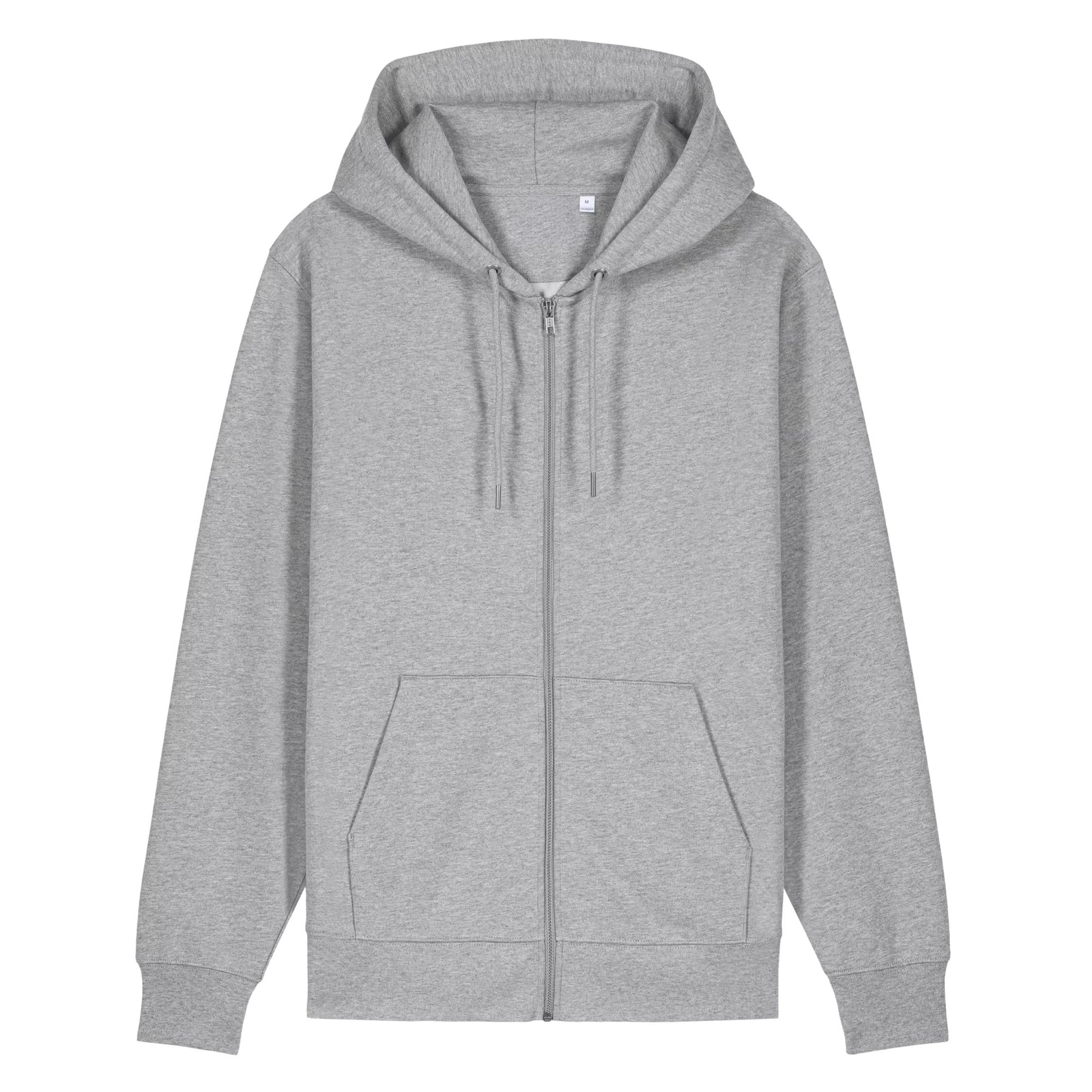 Front view of Heather Grey Virginia State Seal heavyweight zip-up hoodie showing the plain front, metal zipper, drawcords and pockets.