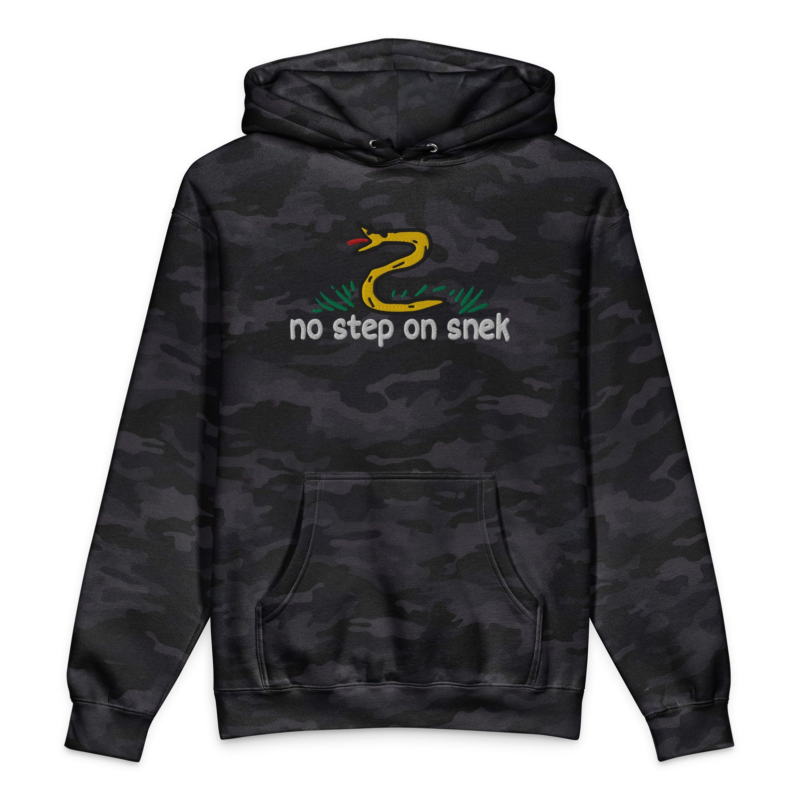 No Step on Snek embroidered hoodie in Black Camo, front view