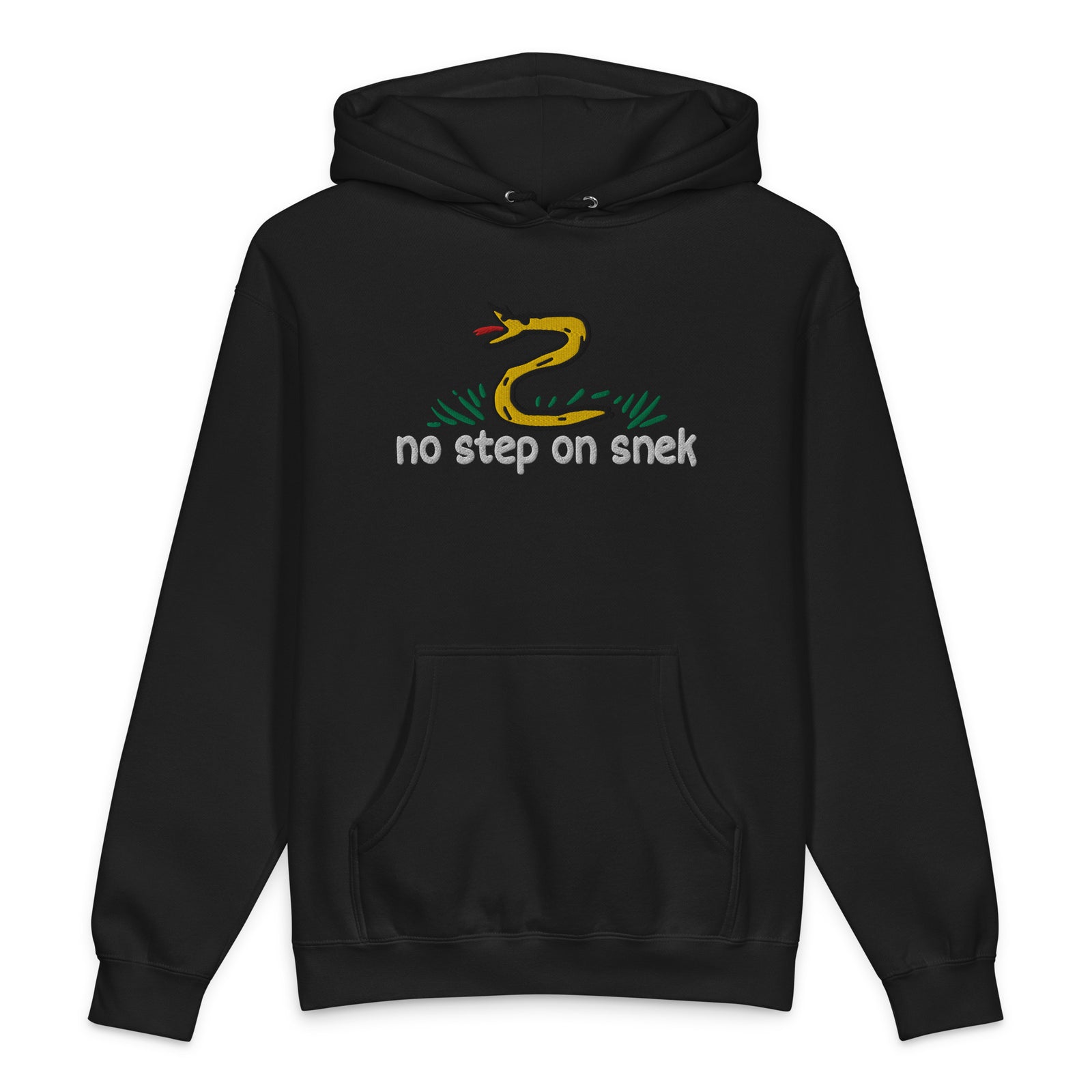 No Step on Snek embroidered hoodie in solid black, front view
