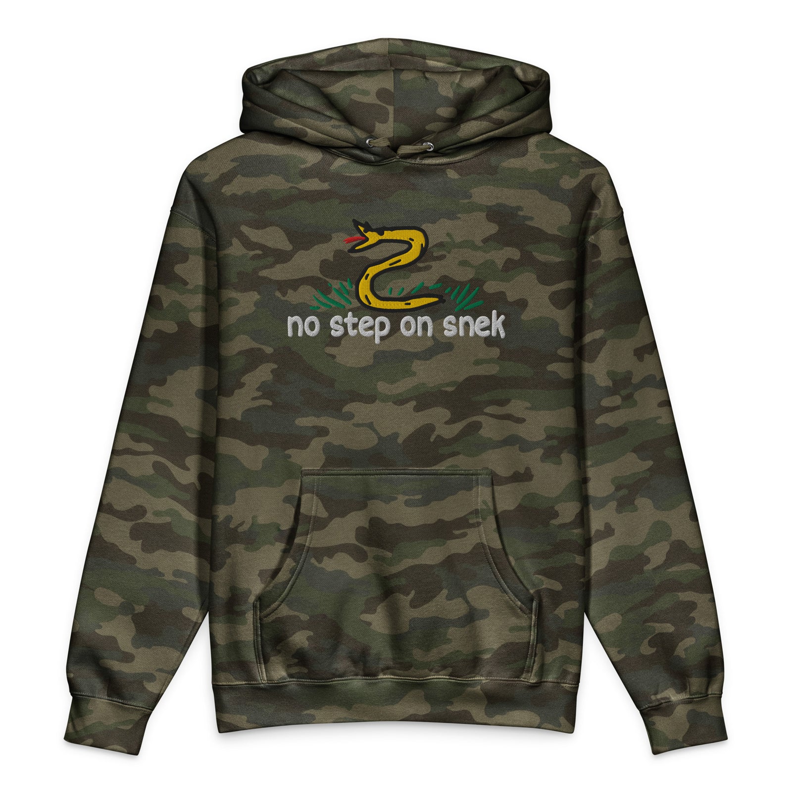 No Step on Snek embroidered hoodie in Forest Camo, front view
