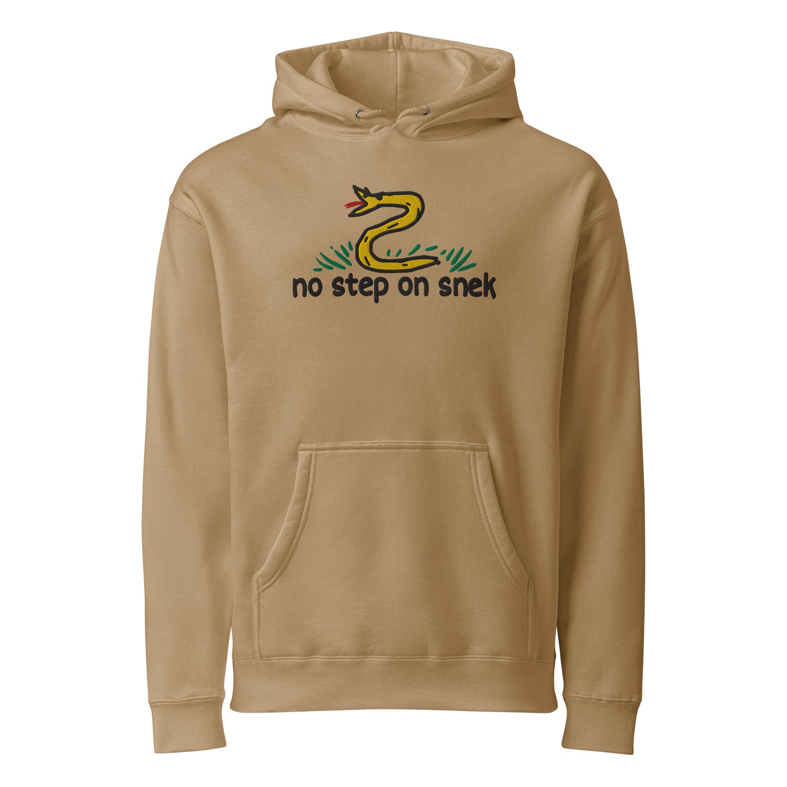 No Step on Snek embroidered hoodie in Sandstone, front view