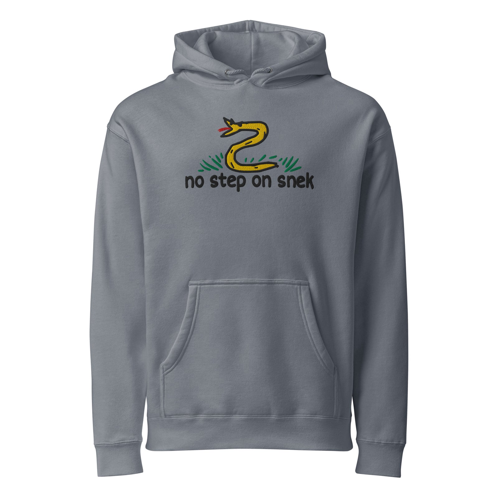 No Step on Snek embroidered hoodie in Storm Blue, front view