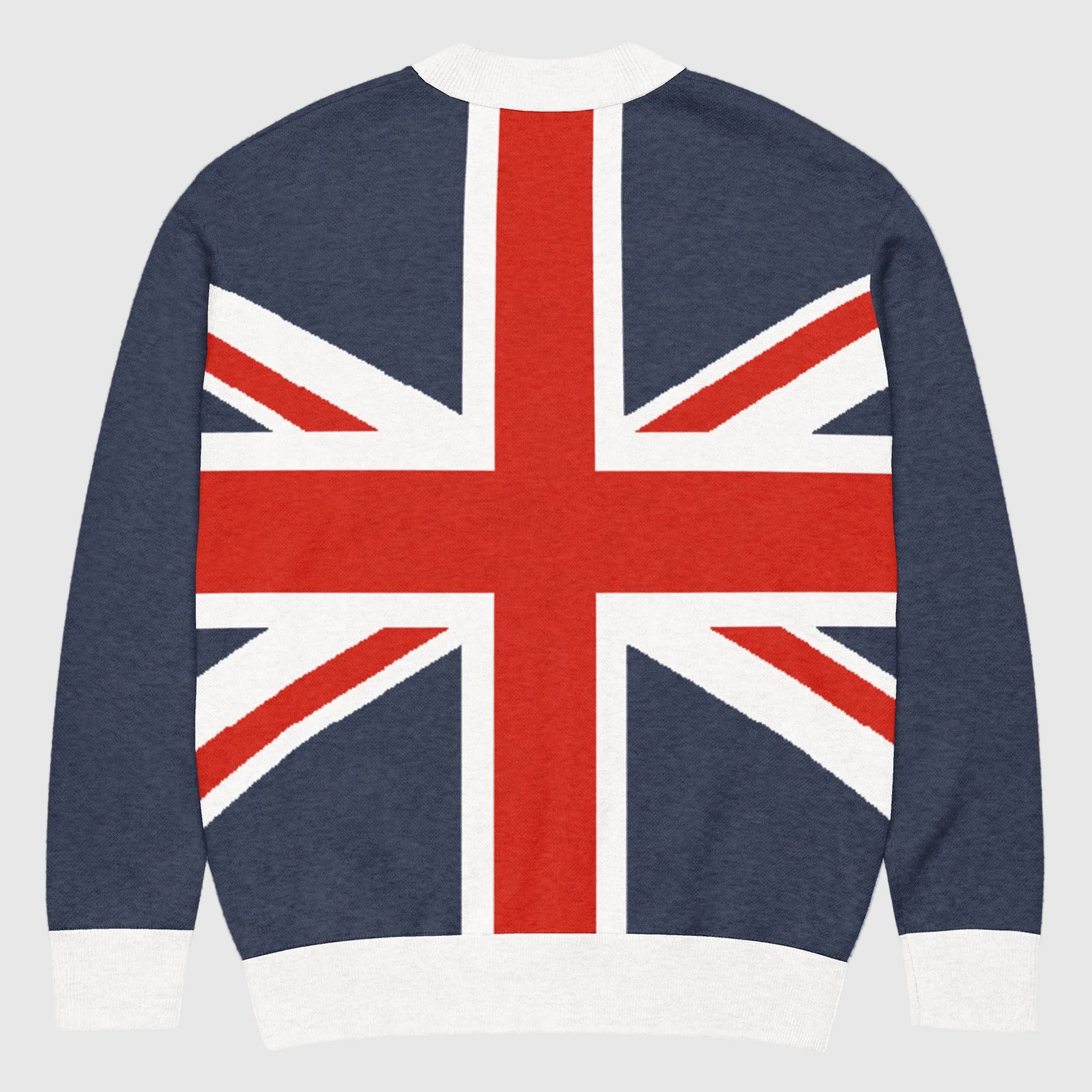 Back view of the Union Jack knitted cardigan sweater with navy, red, and white jacquard flag pattern.