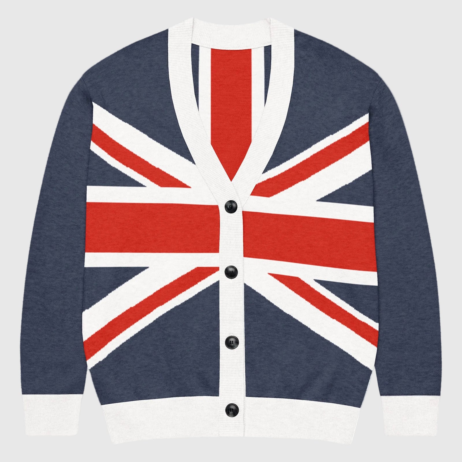 Front view of the Union Jack knitted cardigan sweater with the British flag knitted into the garment.