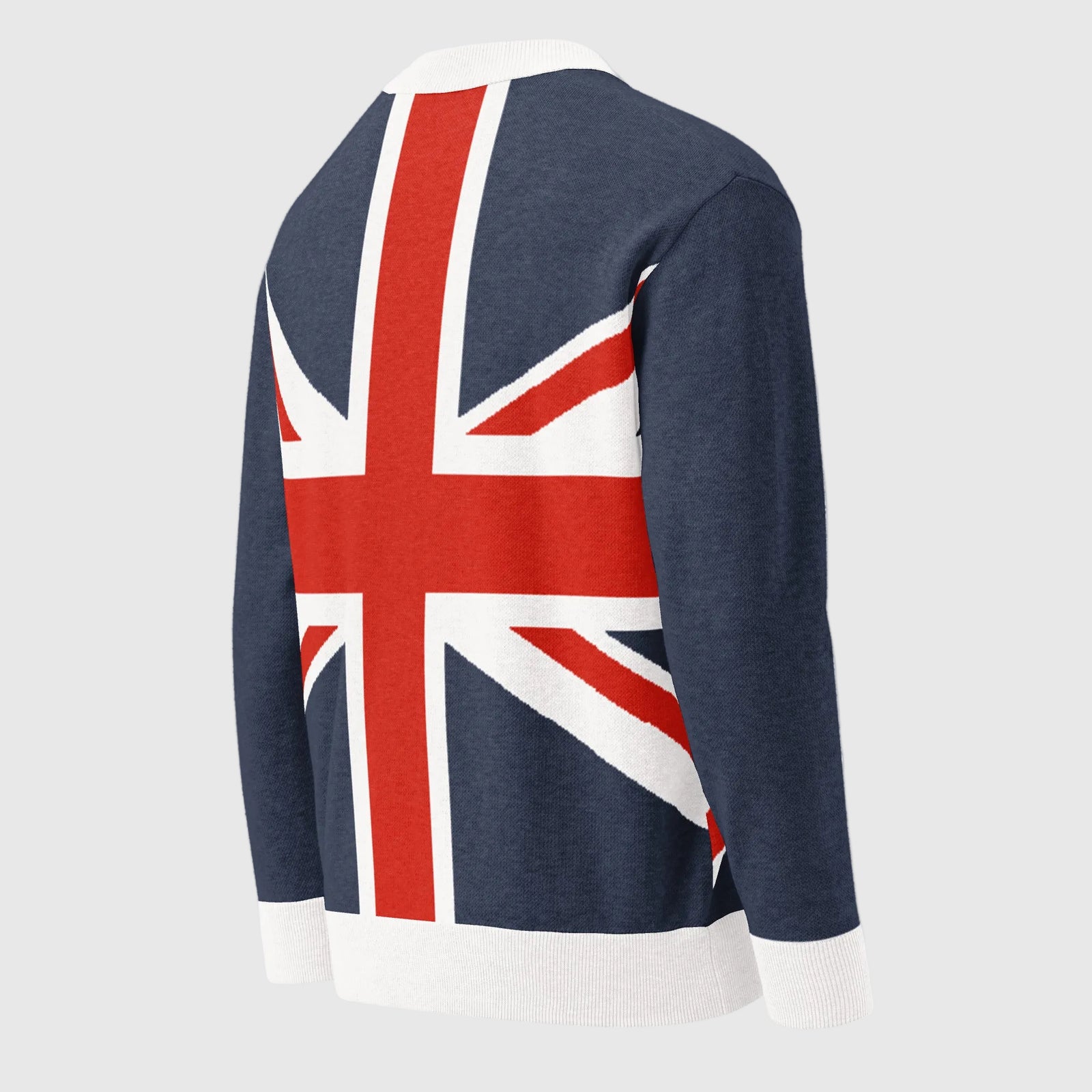 Union Jack knitted cardigan sweater back view with the flag pattern knitted across the garment.