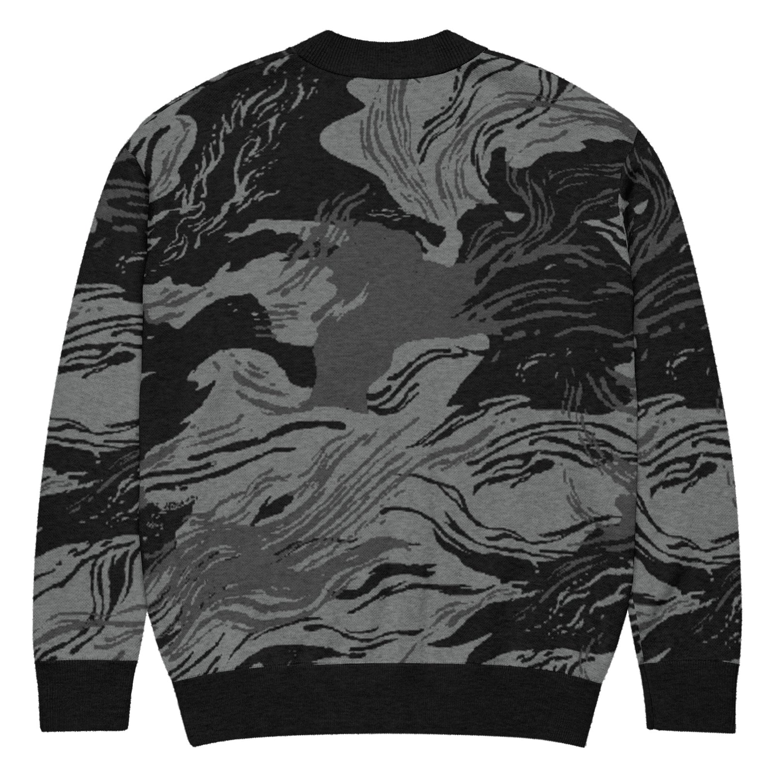 Back flay lying view of a Rhodesian Brushstroke Grey Knitted Cardigan by Liberty Maniacs