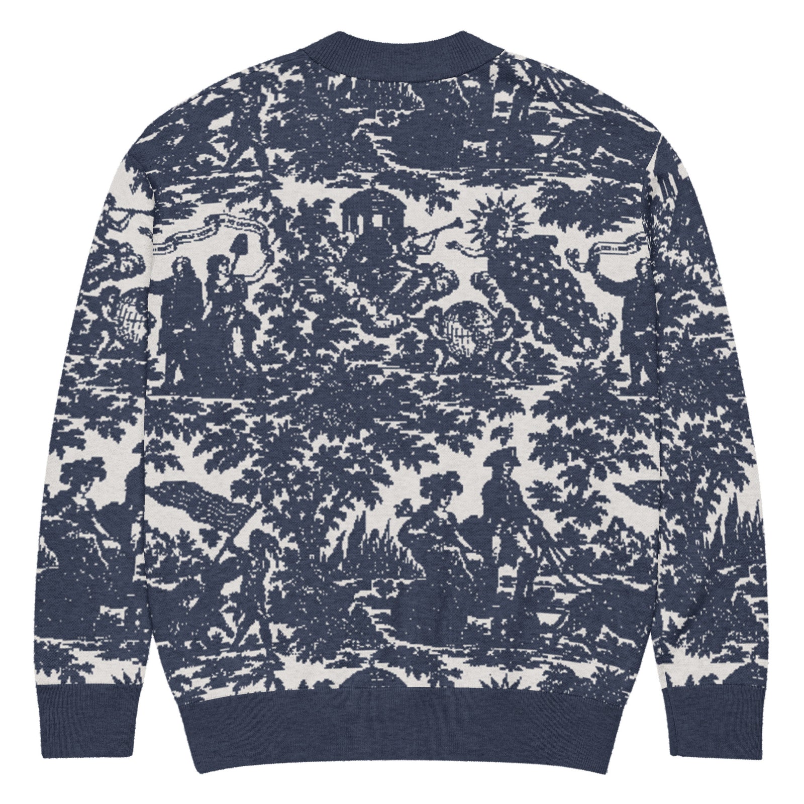 A long-sleeve crewneck sweater featuring an all-over navy blue and off-white toile de Jouy landscape print, shown flat against a white background.