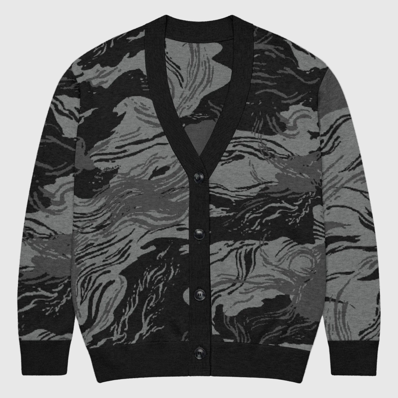 Flat lying Rhodesian Brushstroke Grey Knitted Cardigan by Liberty Maniacs