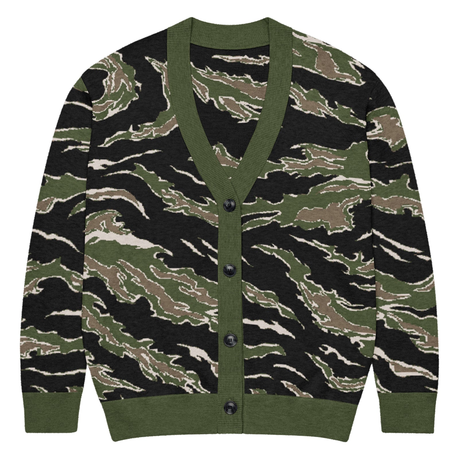 A long-sleeve knit cardigan with a tiger stripe camouflage pattern in olive green, black, and tan, featuring solid olive green ribbed trim and a button-up front.
