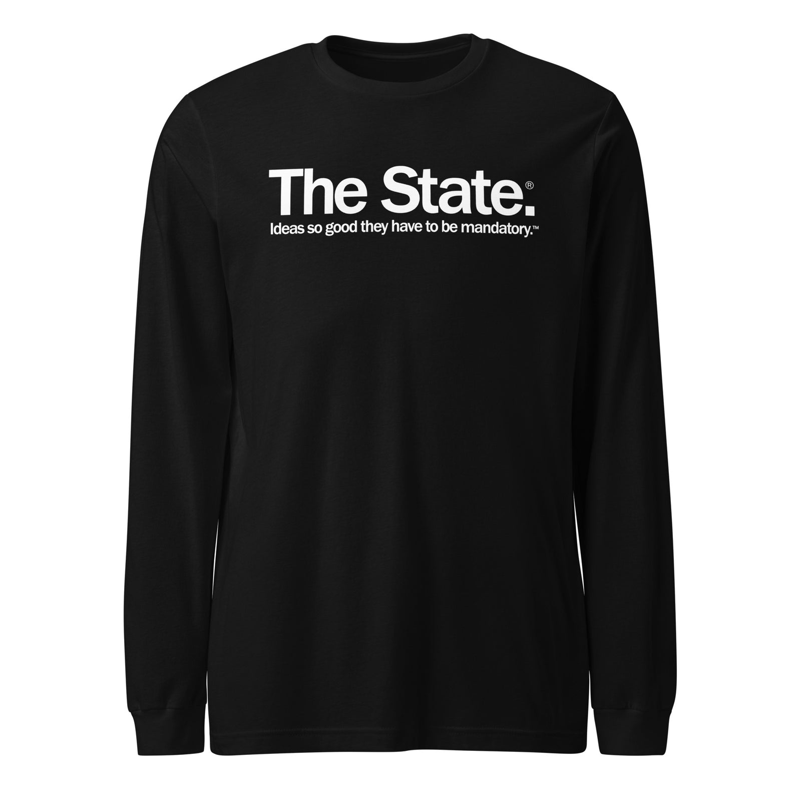 Black long-sleeve shirt with white text on a white background
