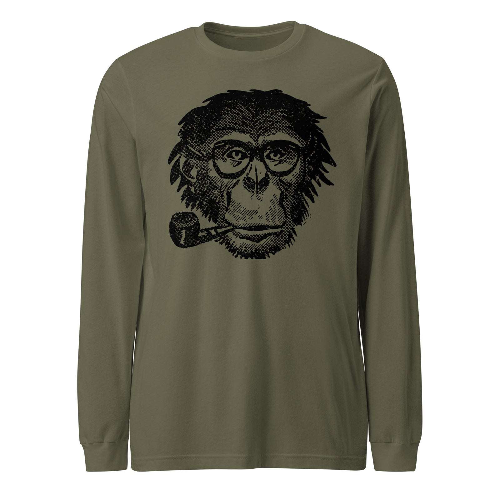 Olive green long-sleeve shirt with a monkey graphic wearing glasses and smoking a pipe on a white background.