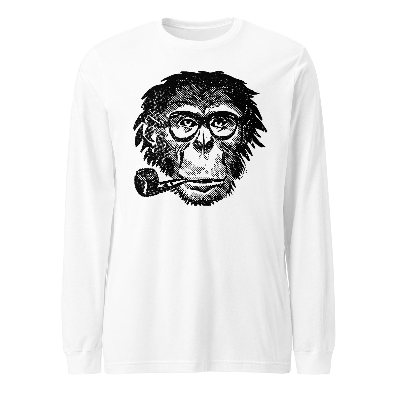 White long-sleeve shirt with a graphic of a monkey wearing glasses and smoking a pipe on a white background.