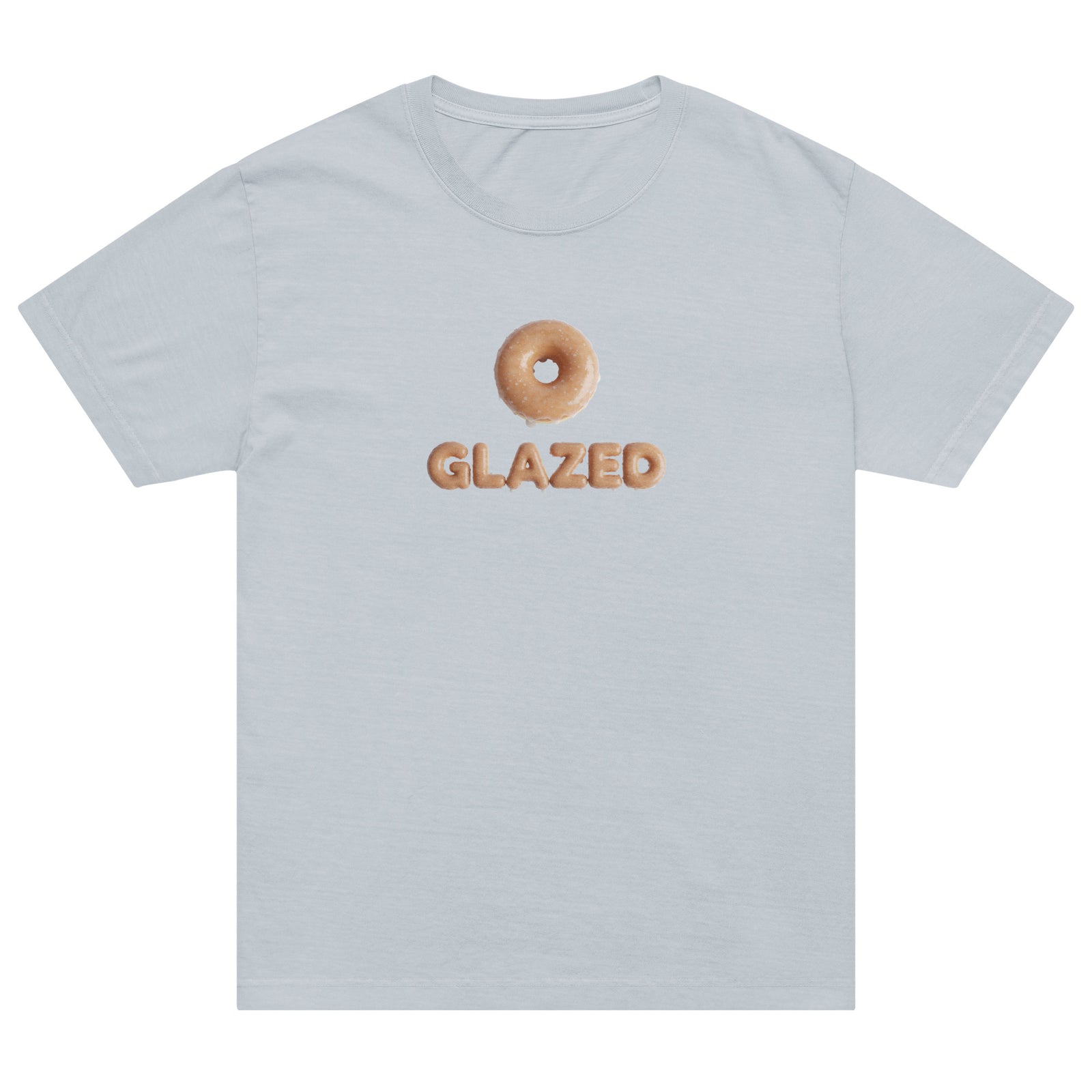 Light blue t-shirt with a donut graphic and 'GLAZED' text on a white background