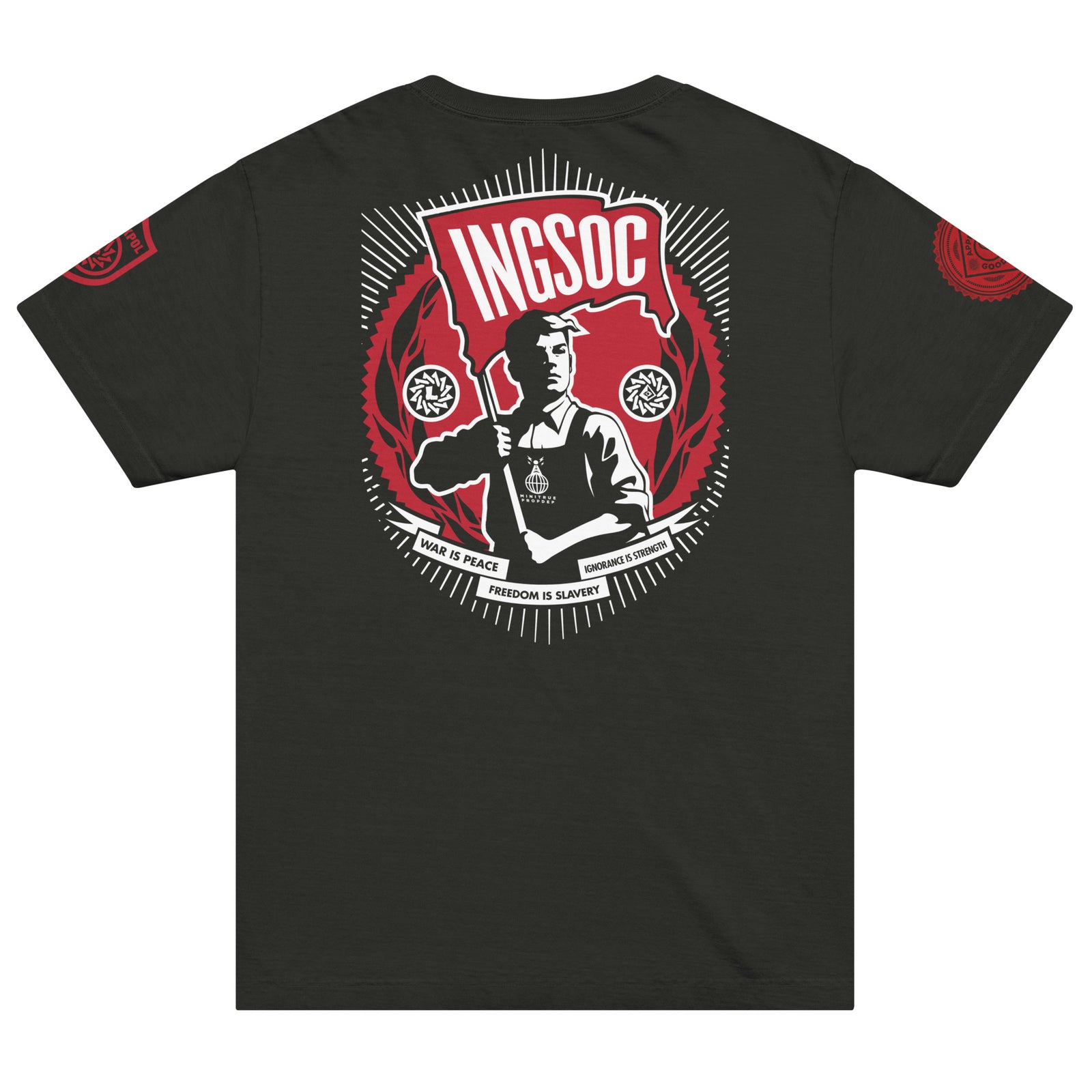 Black t-shirt with red and white graphic design on a white background