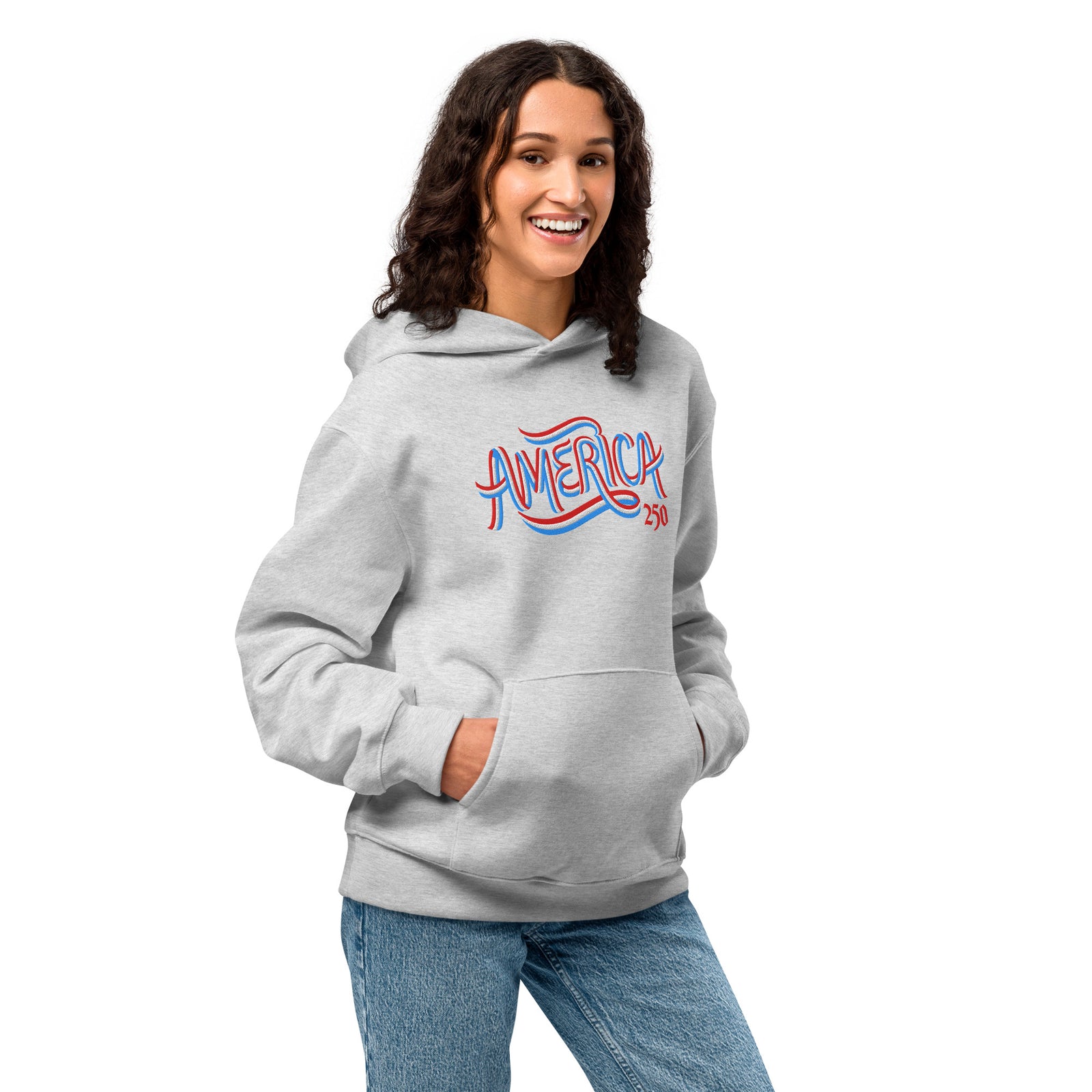 America 250 premium commemorative hoodie mockup with heavyweight fleece and embroidered front artwork