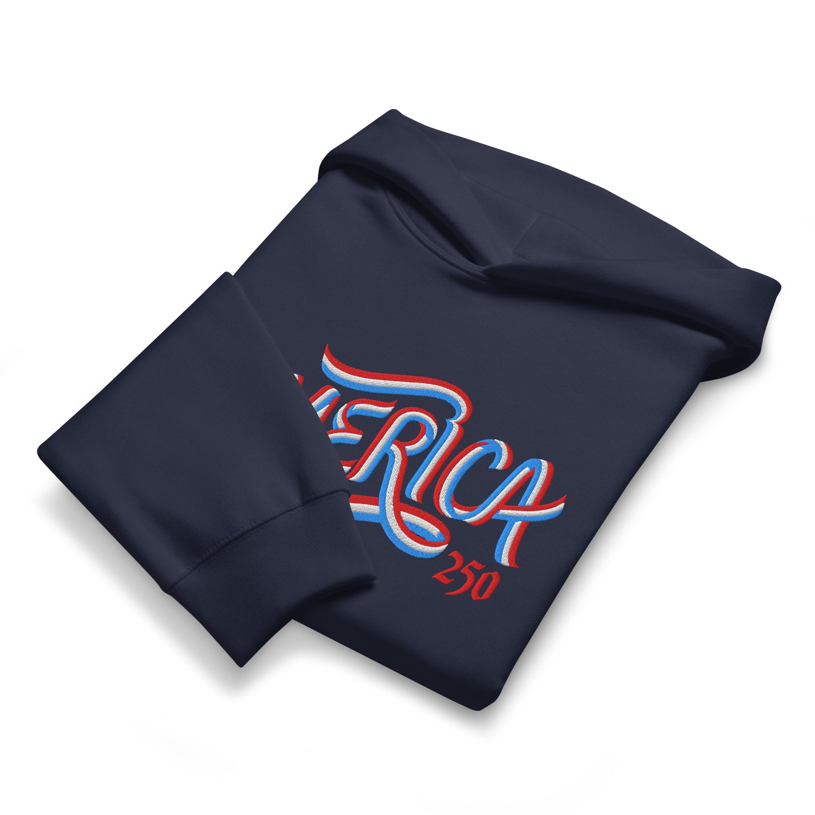 America 250 Embroidered Ribbon Hoodie close product view showing oversized heavyweight fleece construction