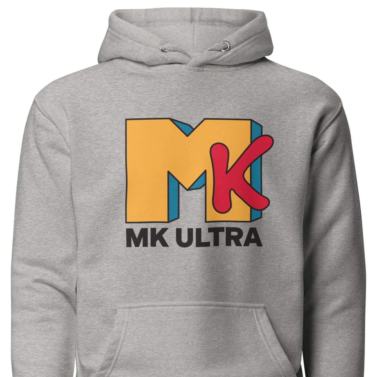 A gray hoodie with a 'MK ULTRA' logo printed in red, yellow, and black on the front.