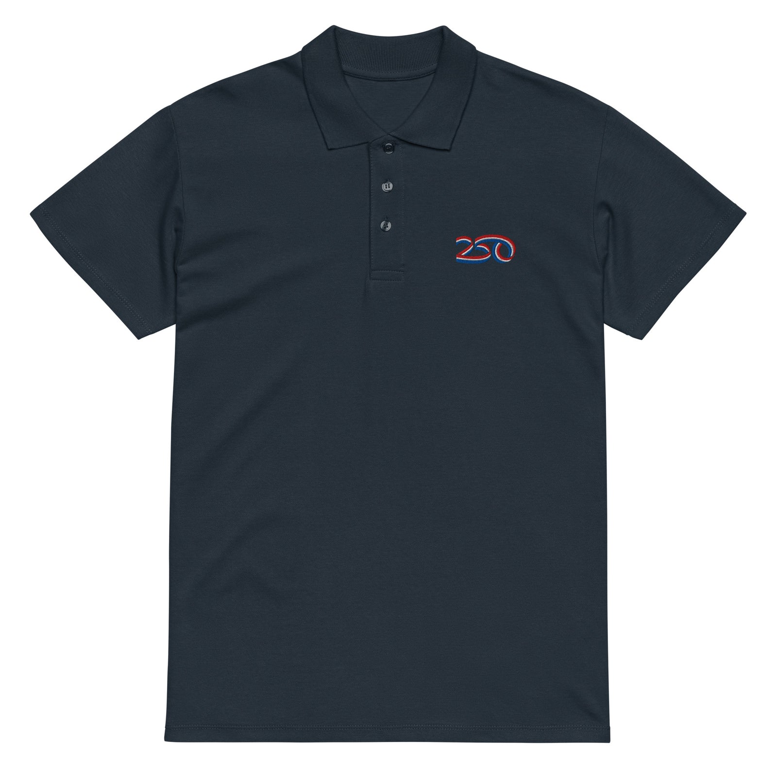 Navy blue polo shirt with a 250 logo on the chest against a white background