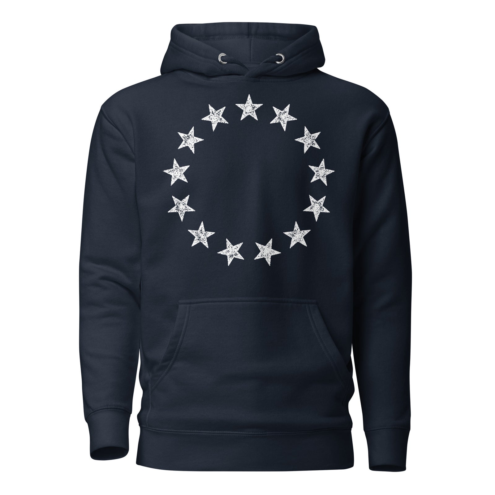 Front view of the navy 13 Stars Vintage Revolution Heritage Hoodie with distressed white thirteen-star circle design.