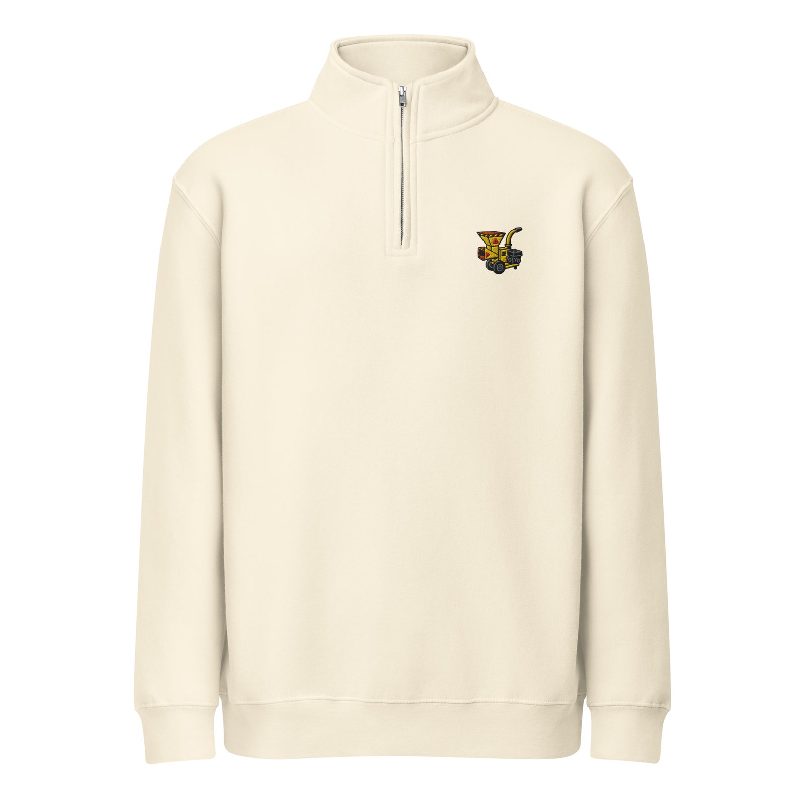 Beige sweatshirt with a logo on the chest against a white background