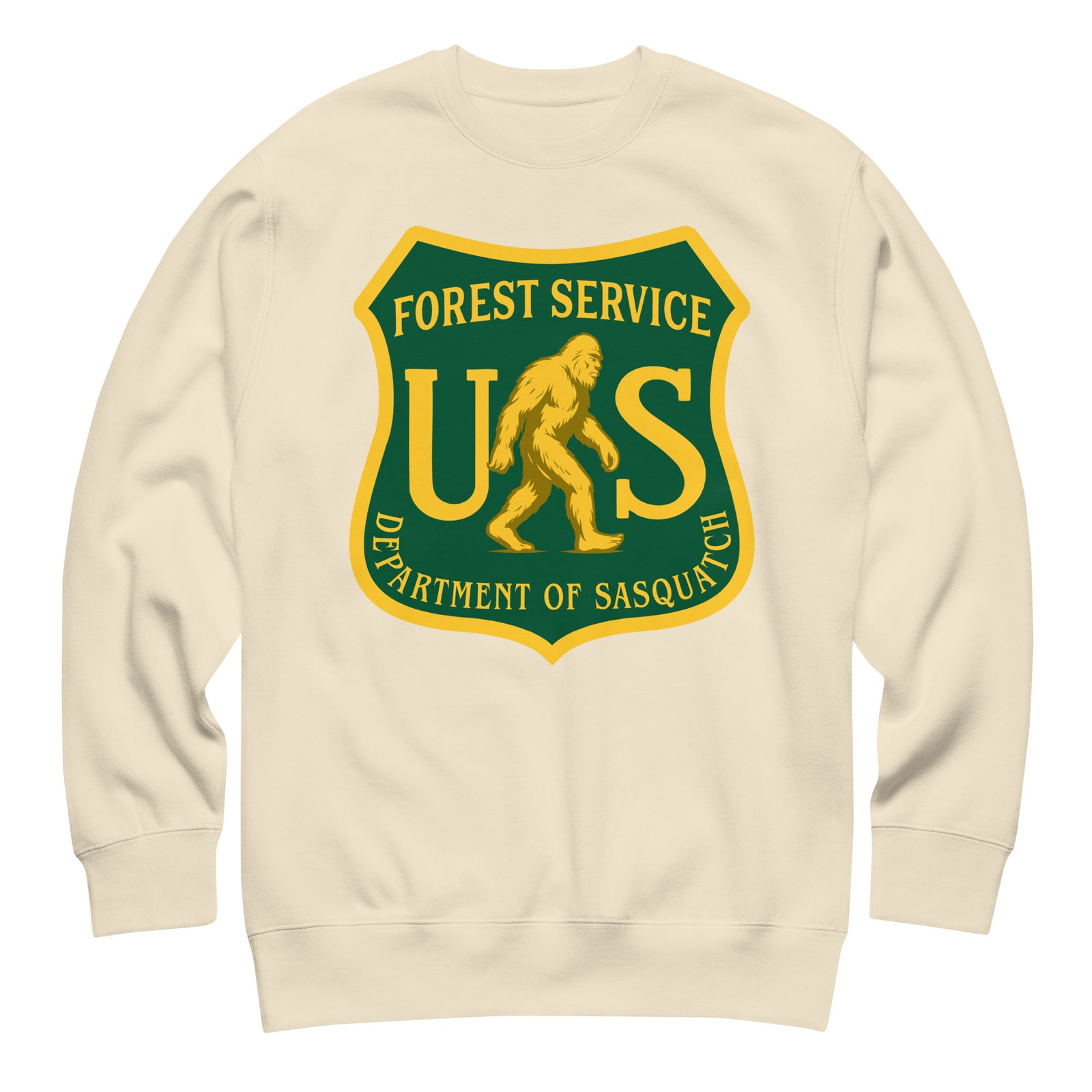 Beige sweatshirt with a green and yellow 'Forest Service Department of Sasquatch' logo on the back.