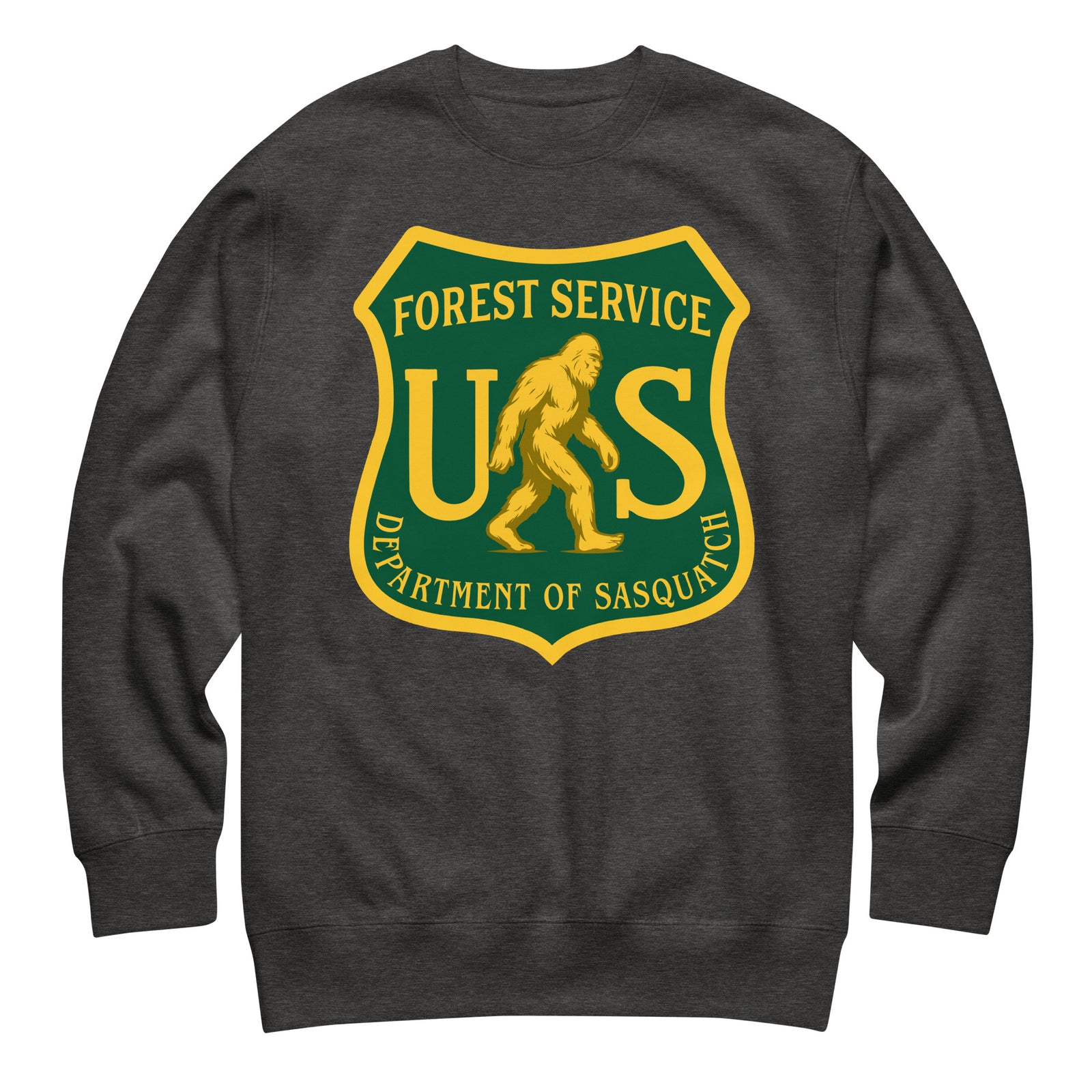 Dark gray sweatshirt with a green and yellow logo featuring a Sasquatch, labeled 'Forest Service US Department of Sasquatch'.