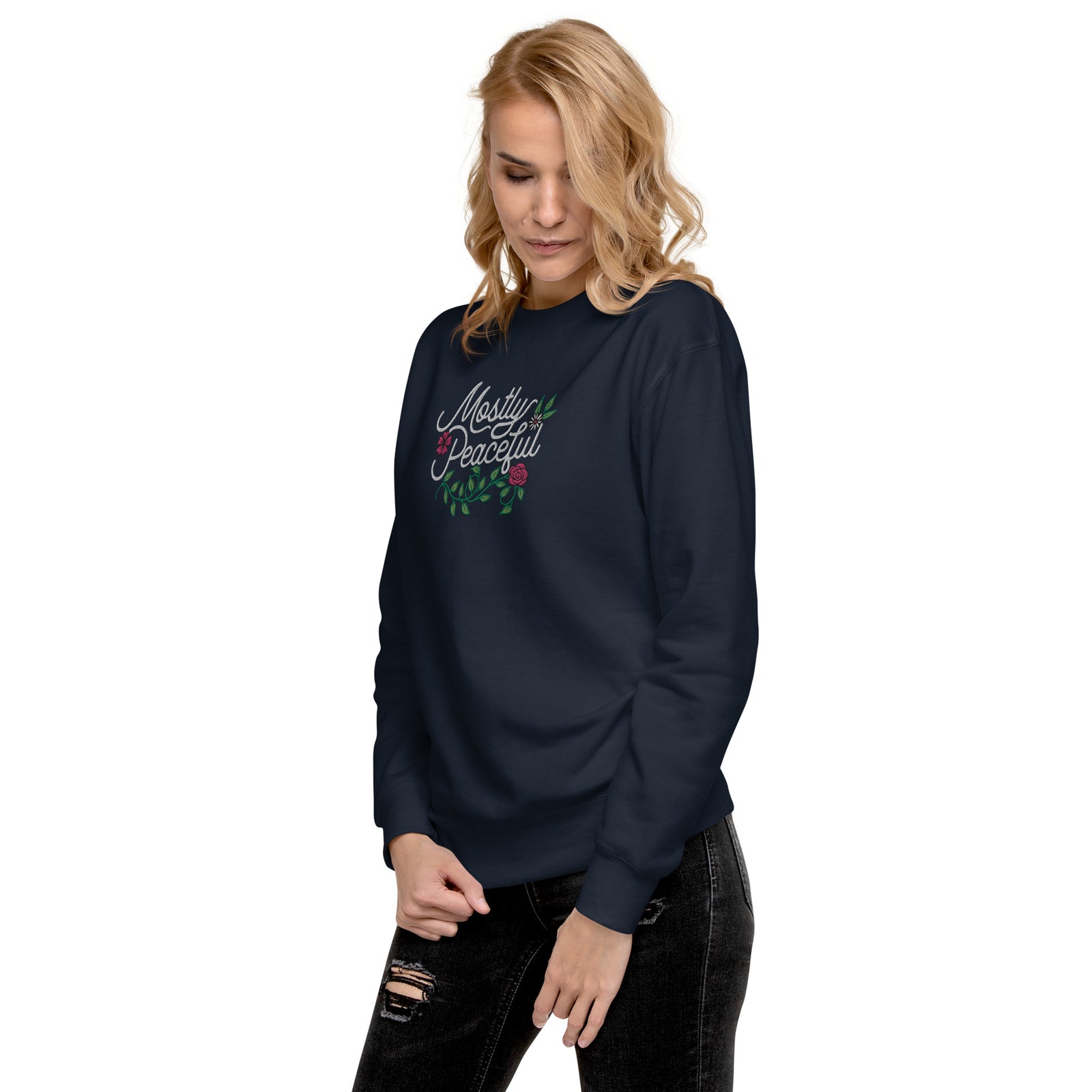 Mostly Peaceful Embroidered Crewneck Sweatshirt